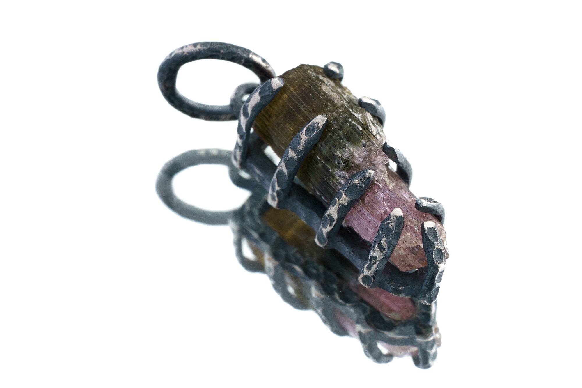 Uniquely Shaped Watermelon Tourmaline - Oxidised Sterling Silver - Strong Claw Wire Setting - Hammer Textured - Pendant Crystal Necklace