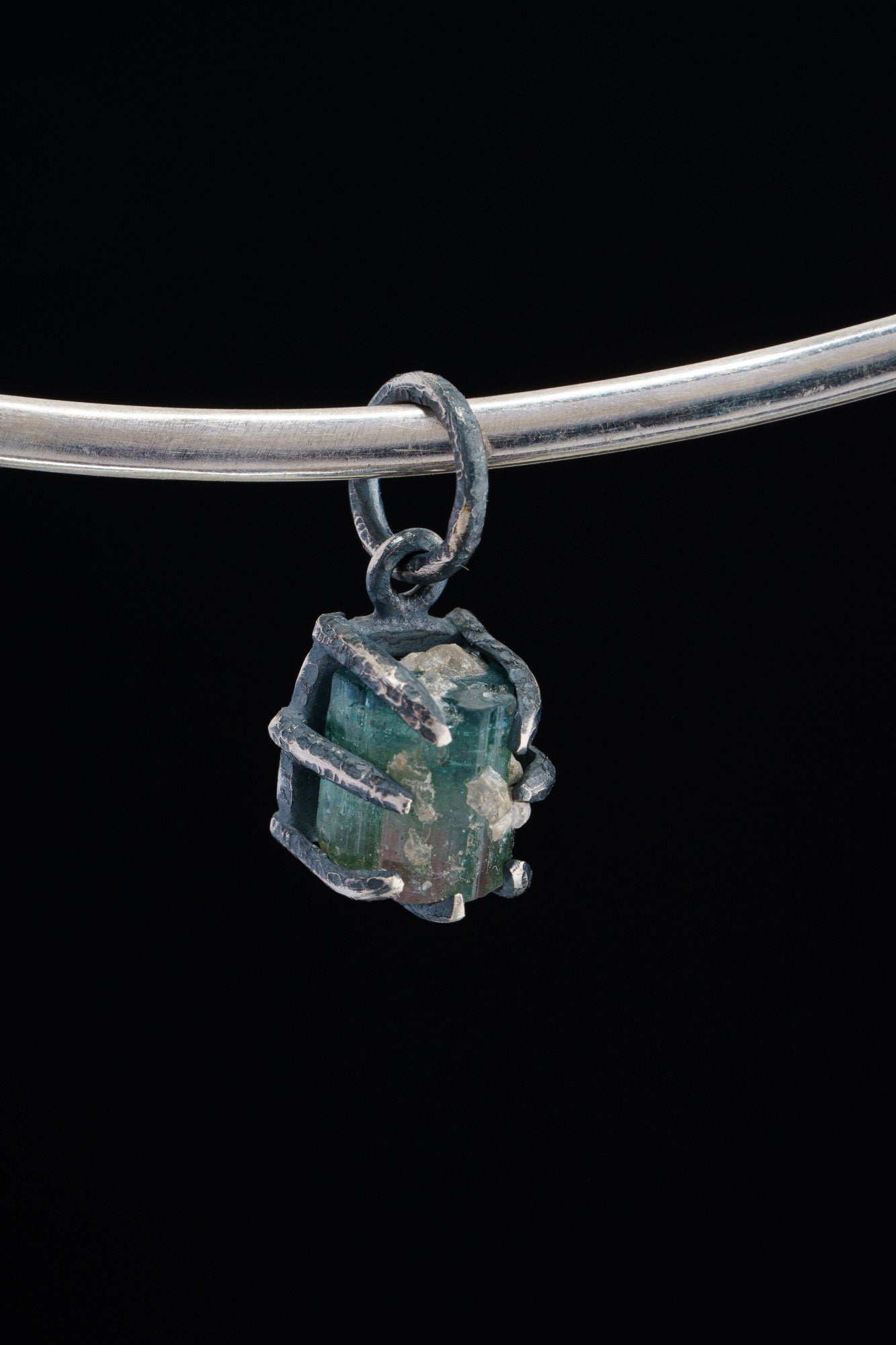 Bluish Watermelon Tourmaline Stick - Oxidised Sterling Silver - Strong Claw Wire Setting - Hammer Textured - Pendant Crystal Necklace