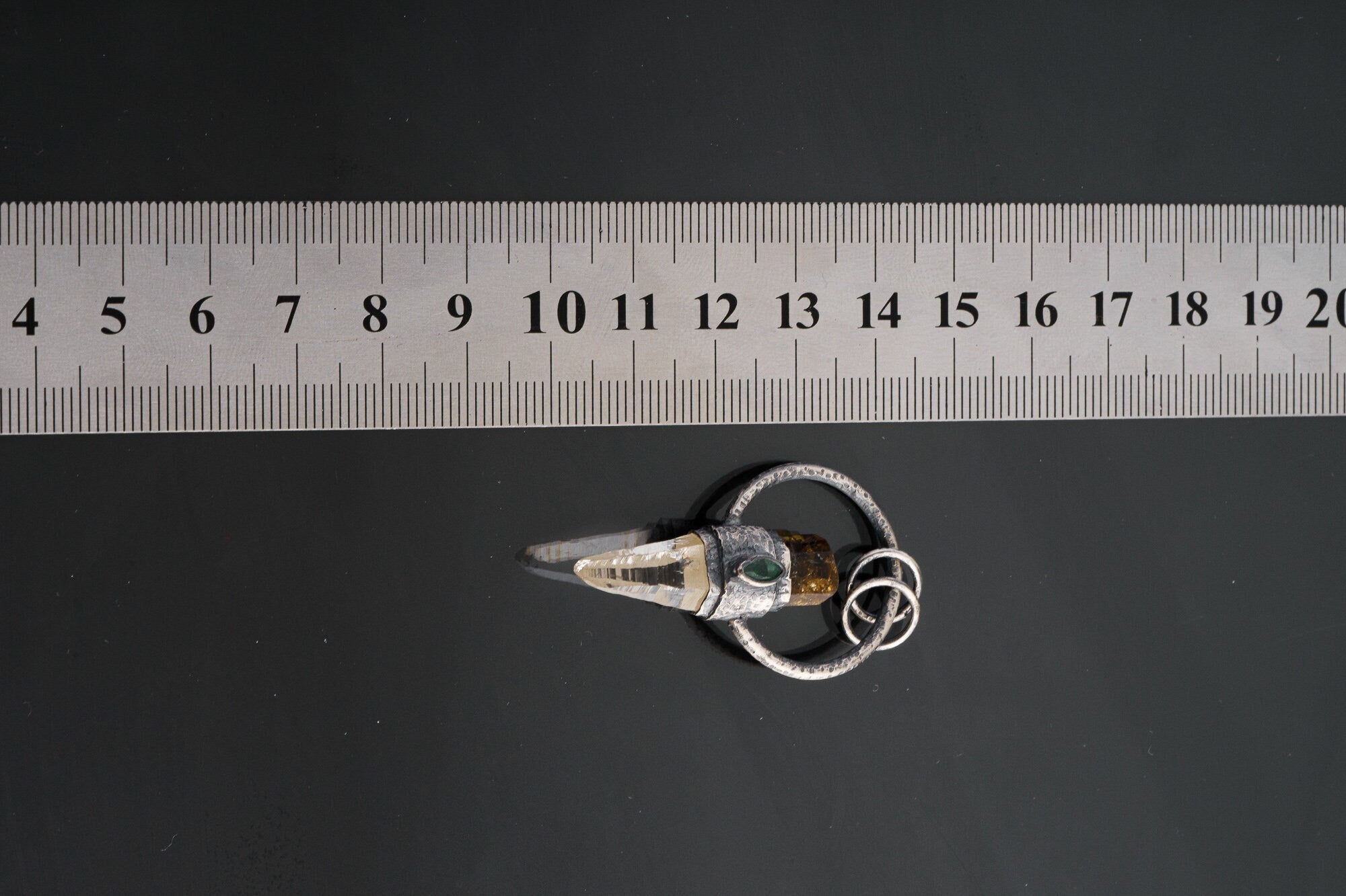 Brown Gem Tourmaline, Faceted Emerald & Lumerian Optical Laser Quartz - Textured Oxidised Sterling Silver - Crystal Pendant Neckpiece NO.3