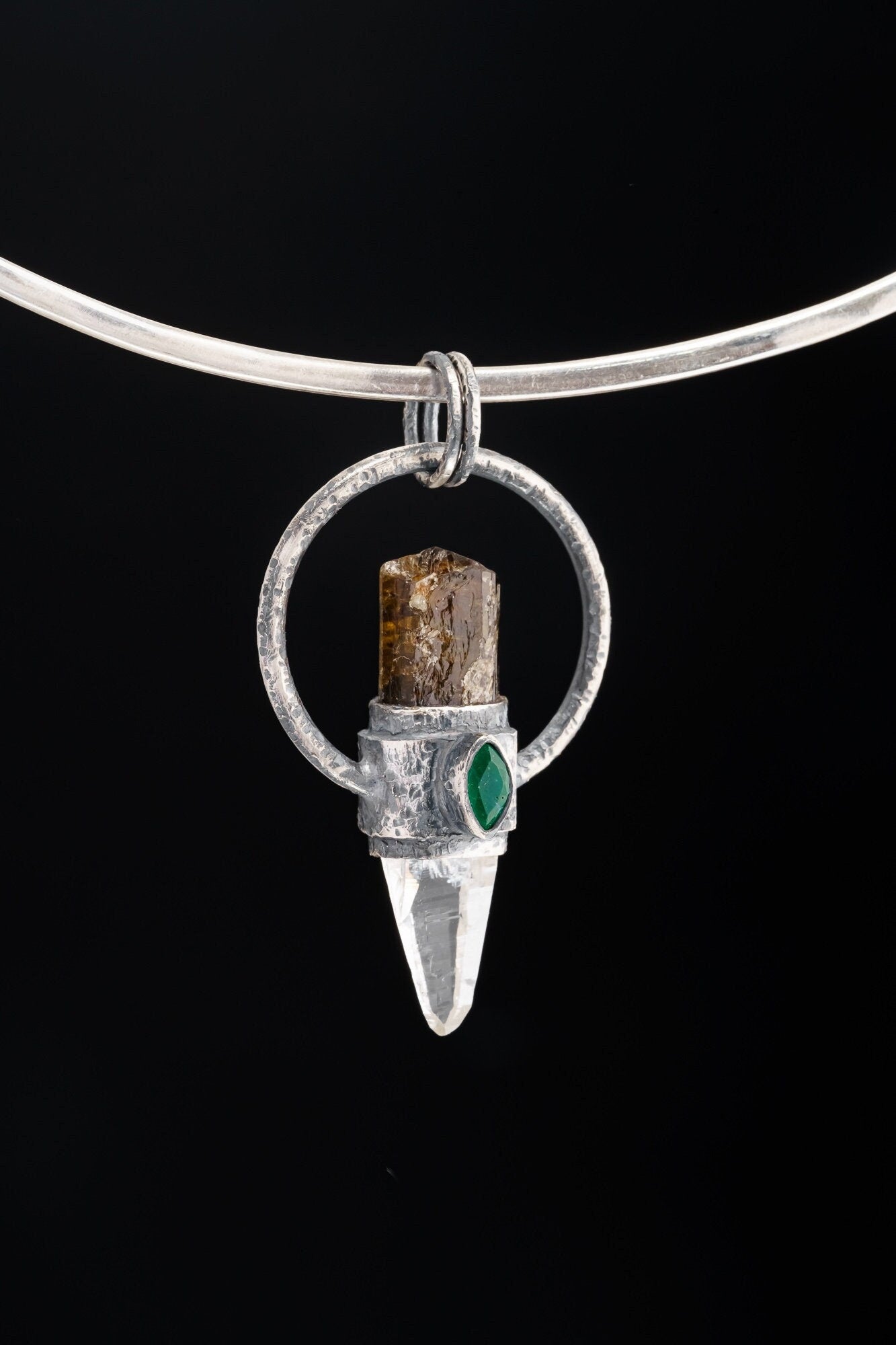 Brown Gem Tourmaline, Faceted Emerald & Lumerian Optical Laser Quartz - Textured Oxidised Sterling Silver - Crystal Pendant Neckpiece NO.8