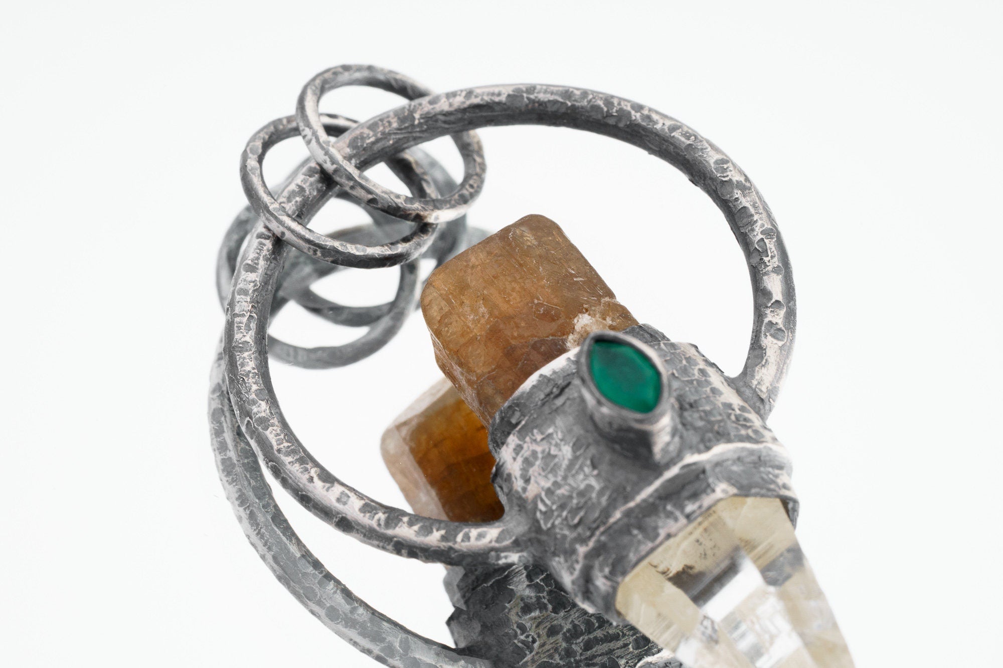 Brown Gem Tourmaline, Faceted Emerald & Lumerian Optical Laser Quartz - Textured Oxidised Sterling Silver - Crystal Pendant Neckpiece NO.11