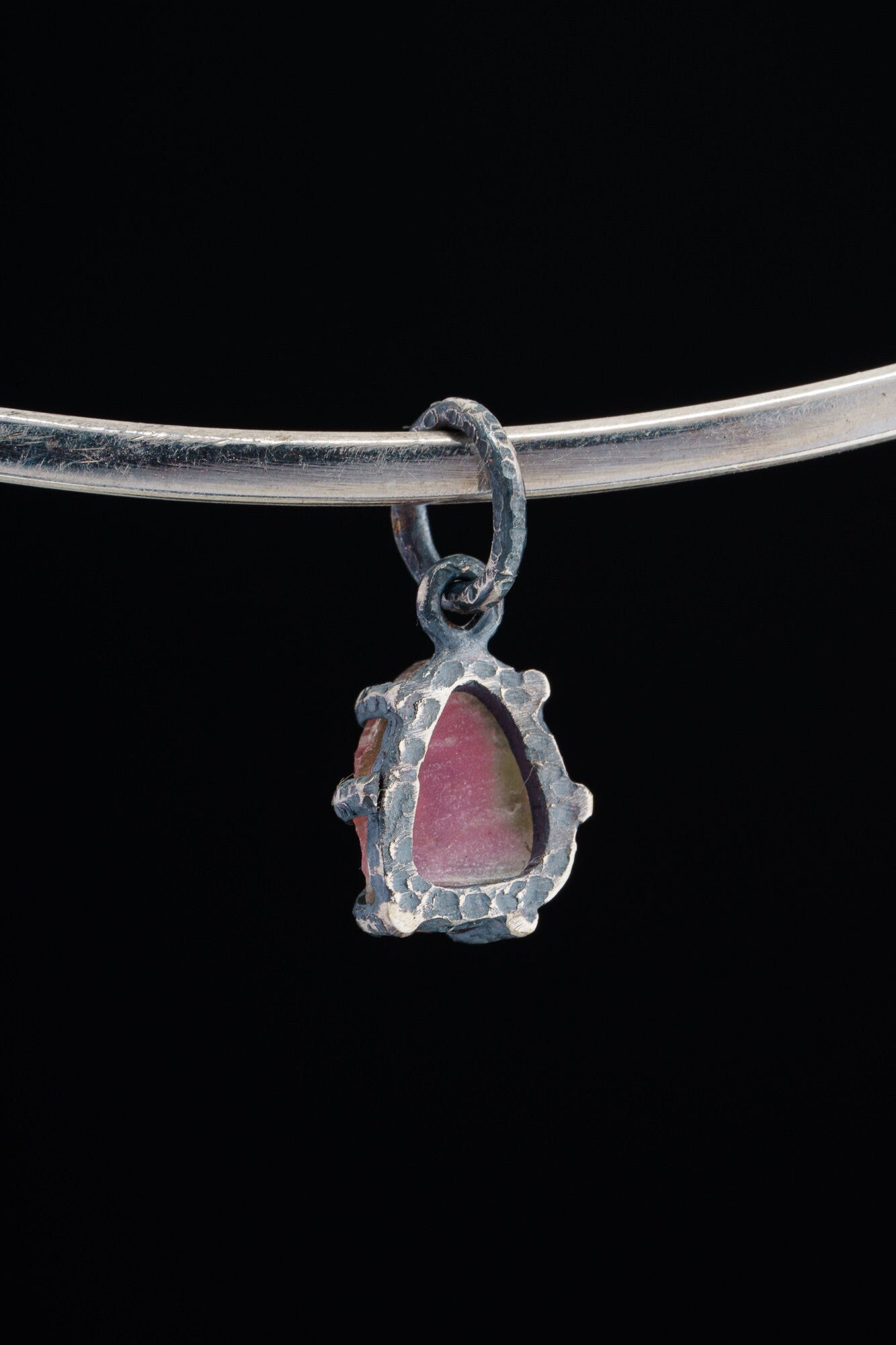 Gem Watermelon Tourmaline Slice - Oxidised Sterling Silver - Strong Claw Wire Setting - Hammer Textured - Pendant Crystal Necklace