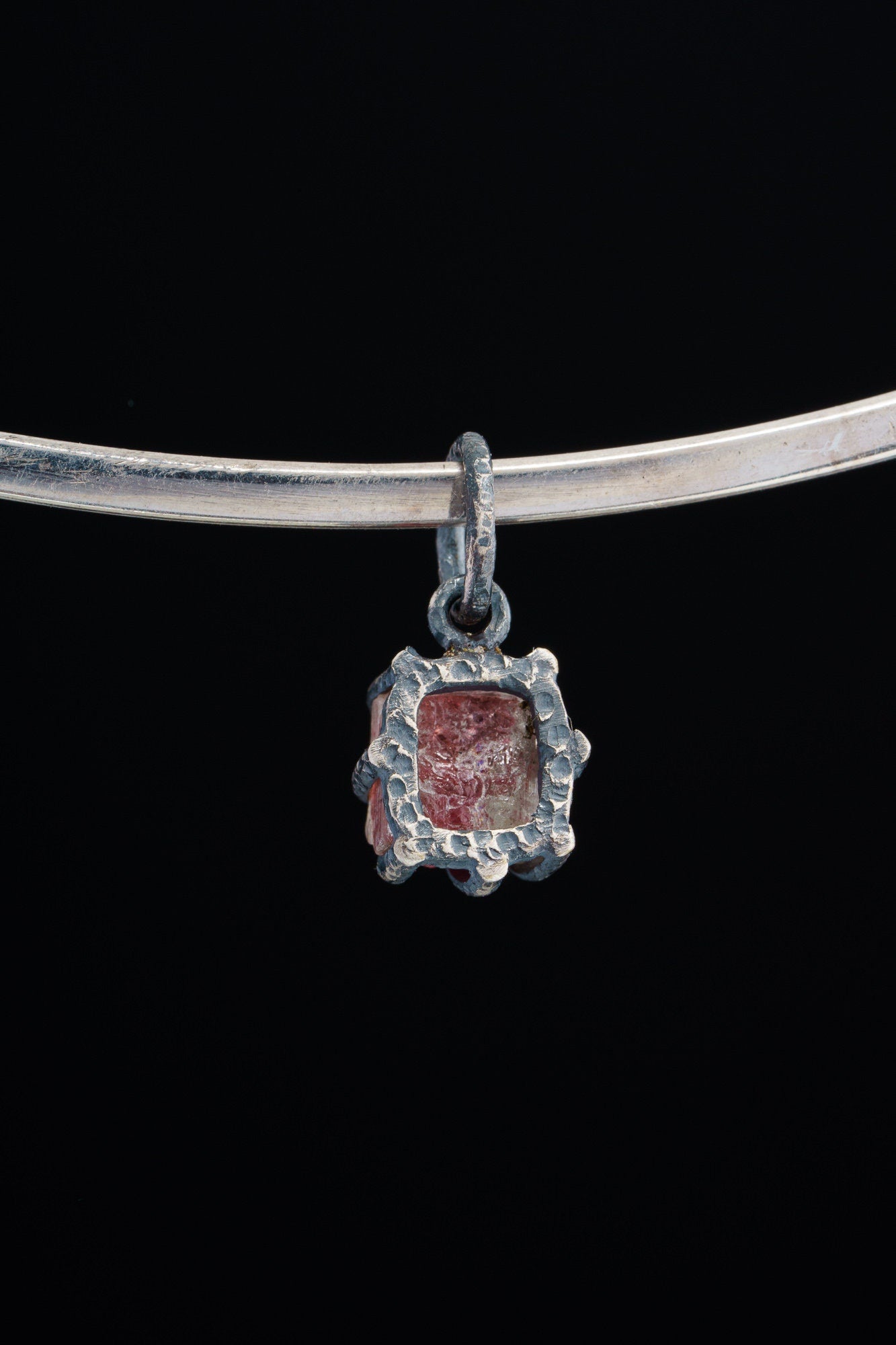 Gemmy Pink Tourmaline Rubellite Chunk - Oxidised Sterling Silver - Strong Claw Wire Setting - Hammer Textured - Pendant Crystal Necklace