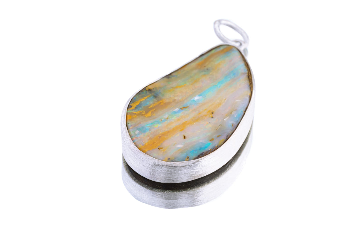 Big Unique & Precious Nebular Freeform Boulder Opal - Natural Solid Opal - Textured 925 Silver Setting - Crystal Pendant Neckpiece