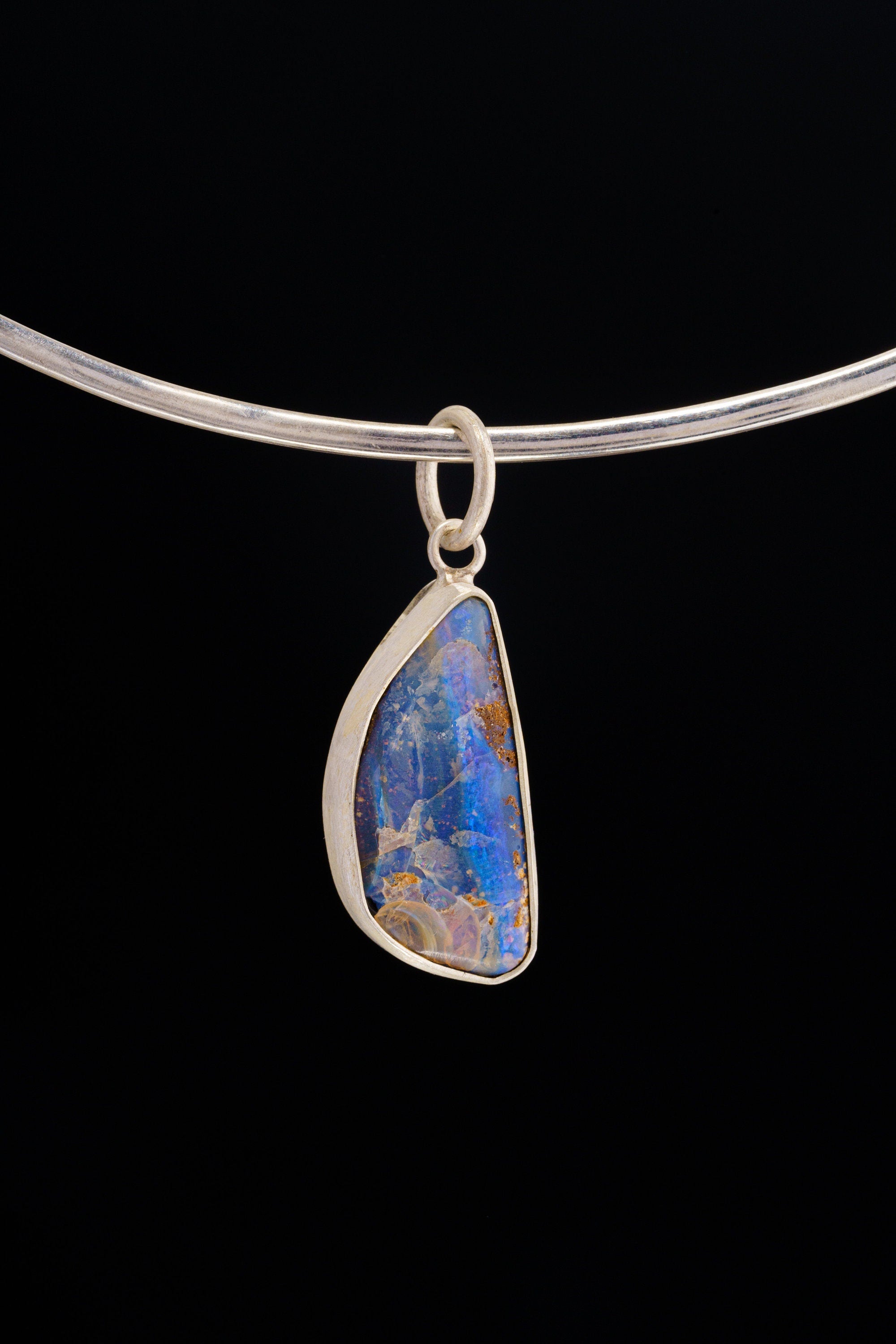 Australian Beach Landscape Precious Freeform Boulder Opal - Natural Solid Opal - Textured 925 Silver Setting - Crystal Pendant Neckpiece