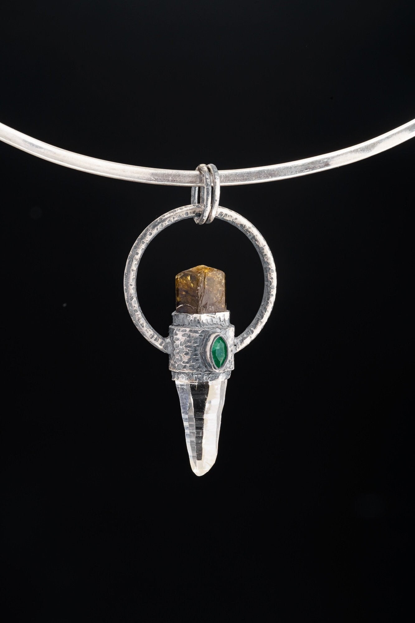 Brown Gem Tourmaline, Faceted Emerald & Lumerian Optical Laser Quartz - Textured Oxidised Sterling Silver - Crystal Pendant Neckpiece NO.3