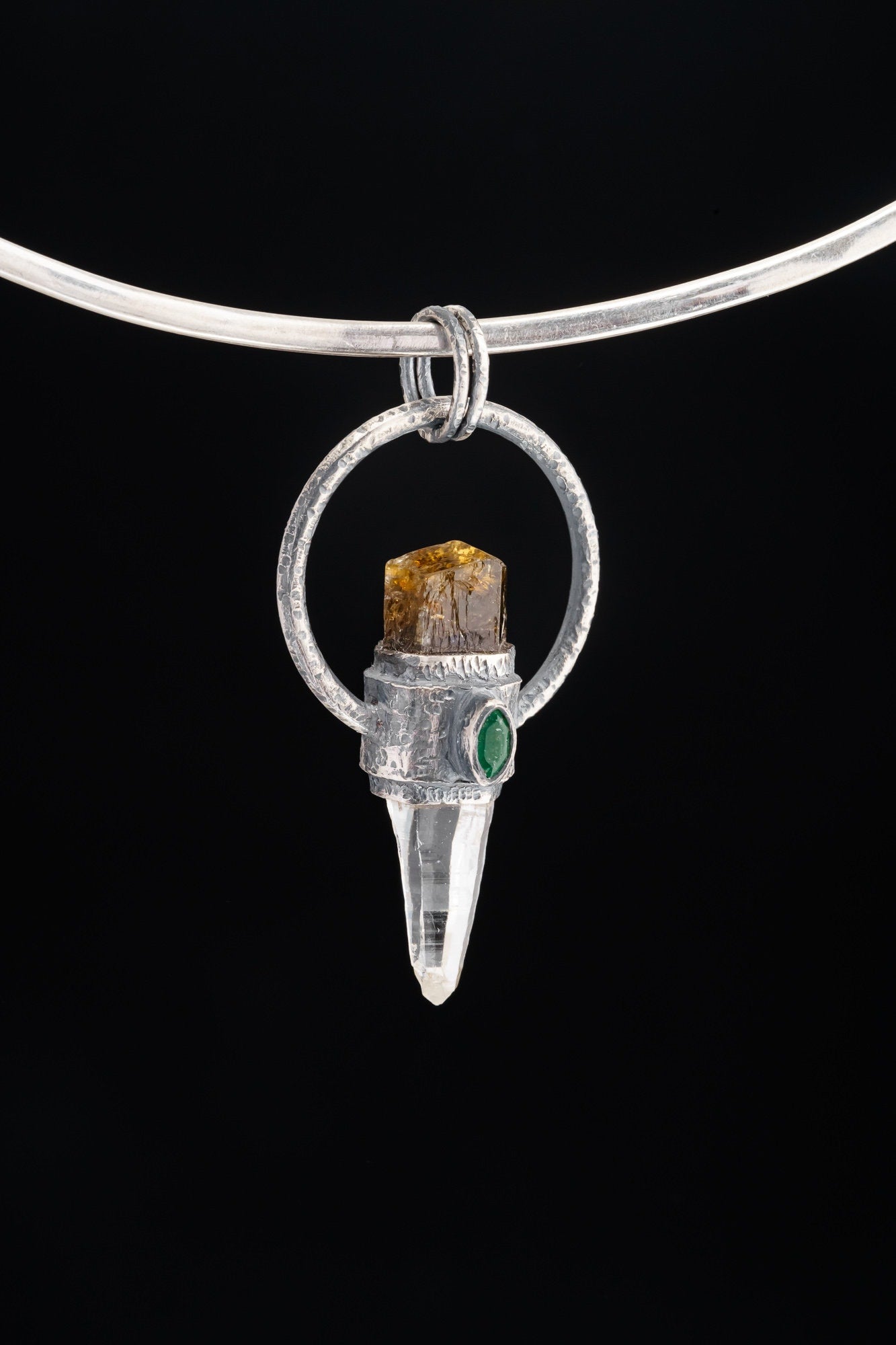 Brown Gem Tourmaline, Faceted Emerald & Lumerian Optical Laser Quartz - Textured Oxidised Sterling Silver - Crystal Pendant Neckpiece NO.5