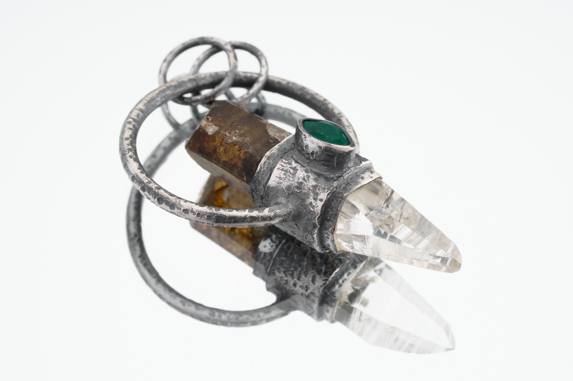 Brown Gem Tourmaline, Faceted Emerald & Lumerian Optical Laser Quartz - Textured Oxidised Sterling Silver - Crystal Pendant Neckpiece NO.8