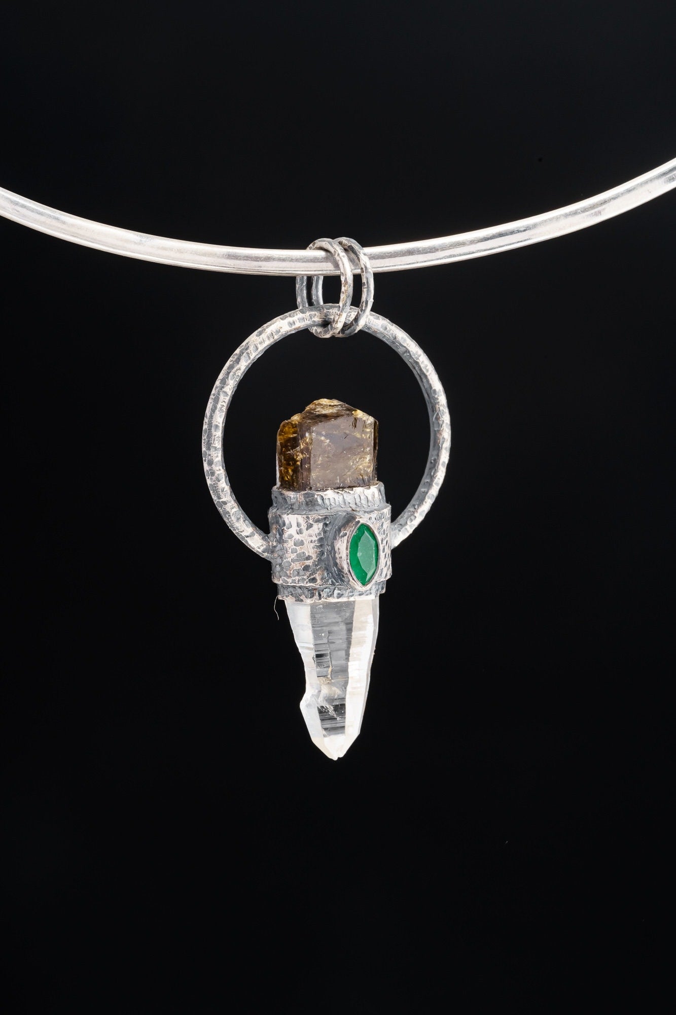 Brown Gem Tourmaline, Faceted Emerald & Lumerian Optical Laser Quartz - Textured Oxidised Sterling Silver - Crystal Pendant Neckpiece NO.9