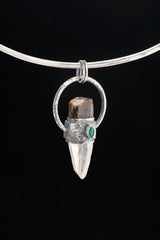 Brown Gem Tourmaline, Faceted Emerald & Lumerian Optical Laser Quartz - Textured Oxidised Sterling Silver - Crystal Pendant Neckpiece NO.10