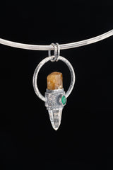 Brown Gem Tourmaline, Faceted Emerald & Lumerian Optical Laser Quartz - Textured Oxidised Sterling Silver - Crystal Pendant Neckpiece NO.11