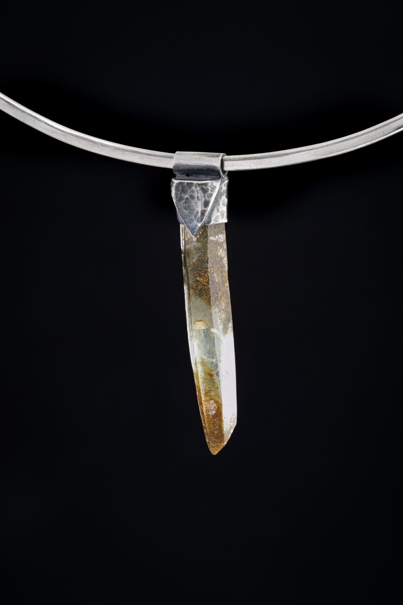 NEPLAE Chloride Inclusion Laser Quartz Point Stack Pendant, Textured & Oxidized 925 Sterling Silver, Unique Gift - Crystal NO.26