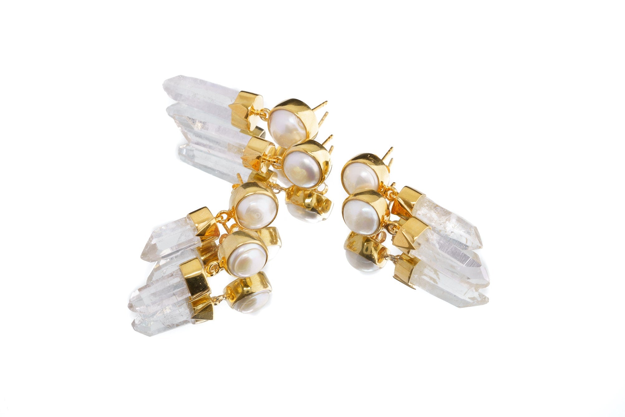 Pair of South Sea Pearls & Hamalian Quartz Studs - 925 Gold Plated Sterling Silver - Dangle Stud Earring