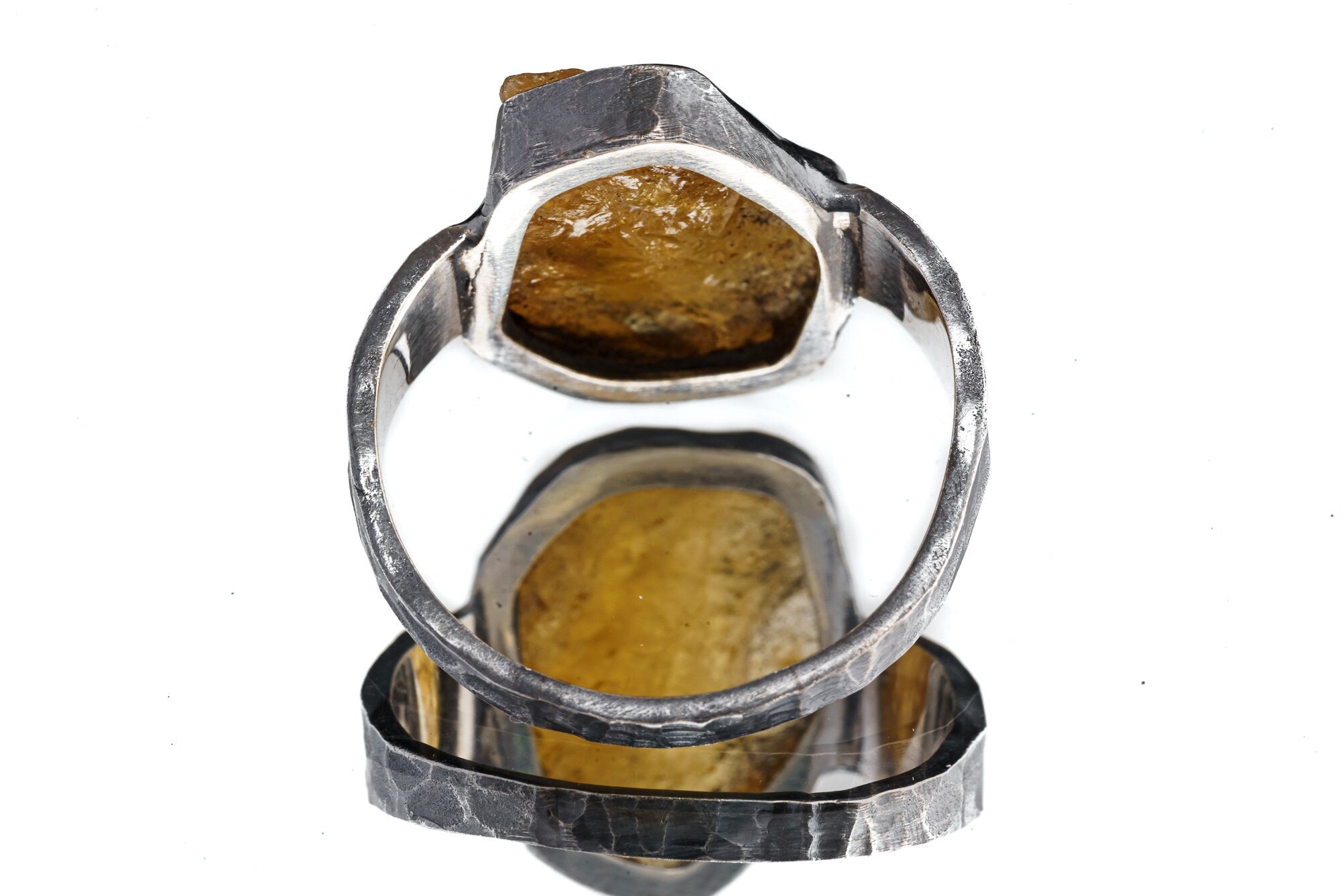 Raw Facet Grade Citrine Quartz Chunk Men's/Unisex Ring Size 13.5 US, 925 Sterling Silver Oxidised & Hammered Ring Band, Bold Crystal Jewelry