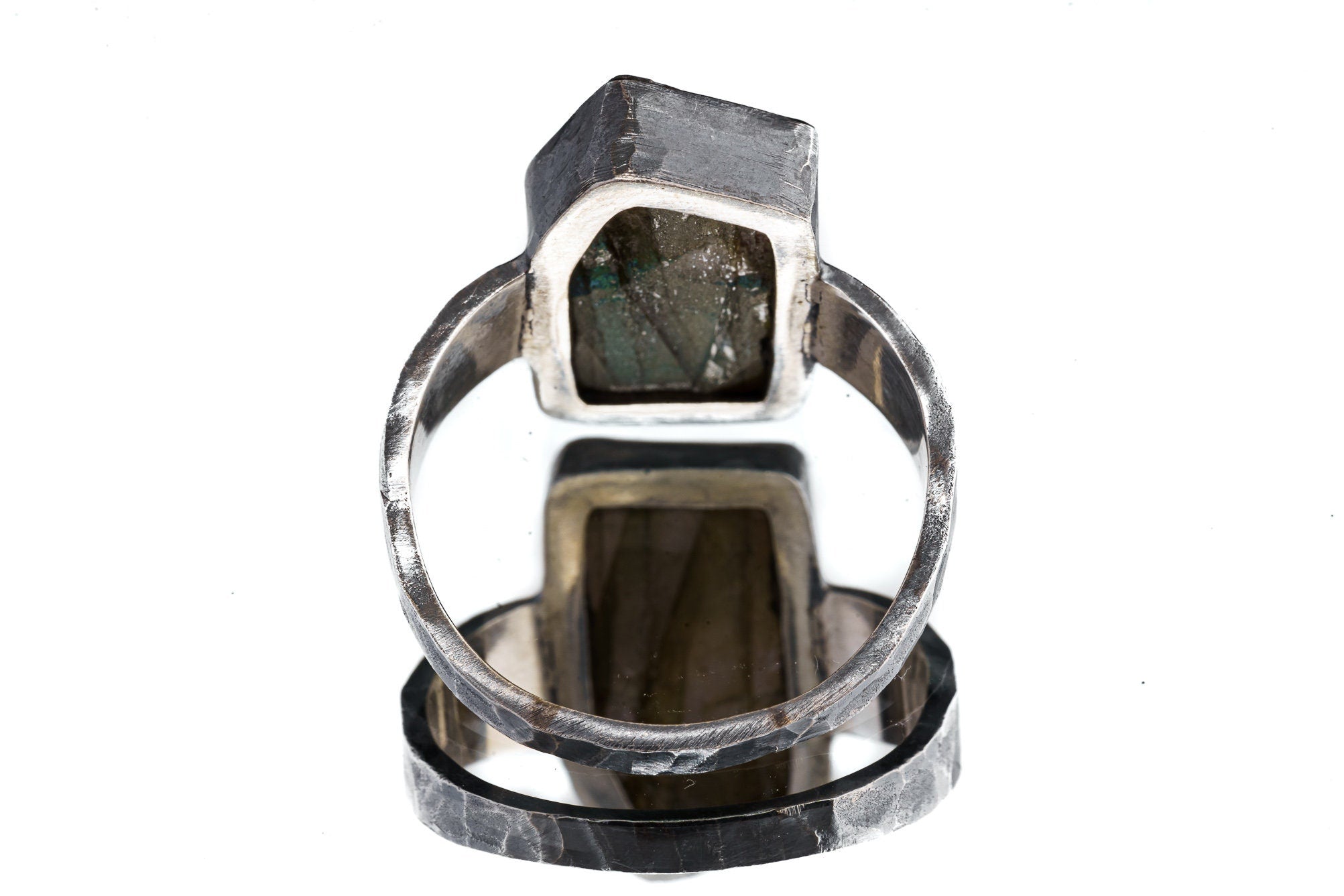 Freeform Raw Labradorite - Unisex / Men - Large Crystal Ring - Size 14 US - 925 Sterling Silver - Hammer Textured & Oxidised