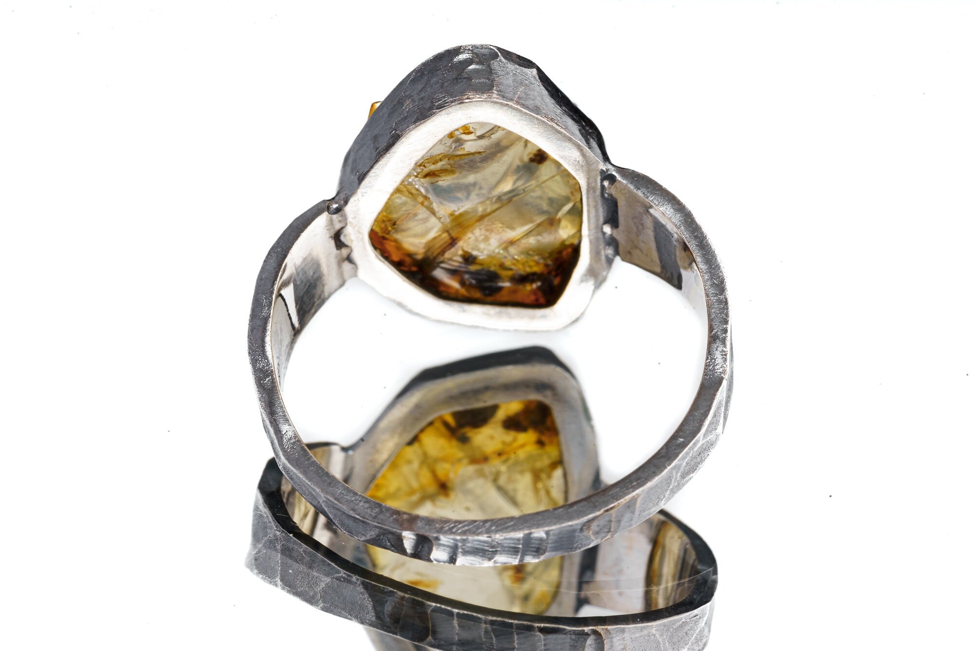 Raw Citrine Quartz Chunk - Men's/Unisex Large Crystal Ring - Size 14 US - 925 Sterling Silver - Hammer Textured & Oxidised