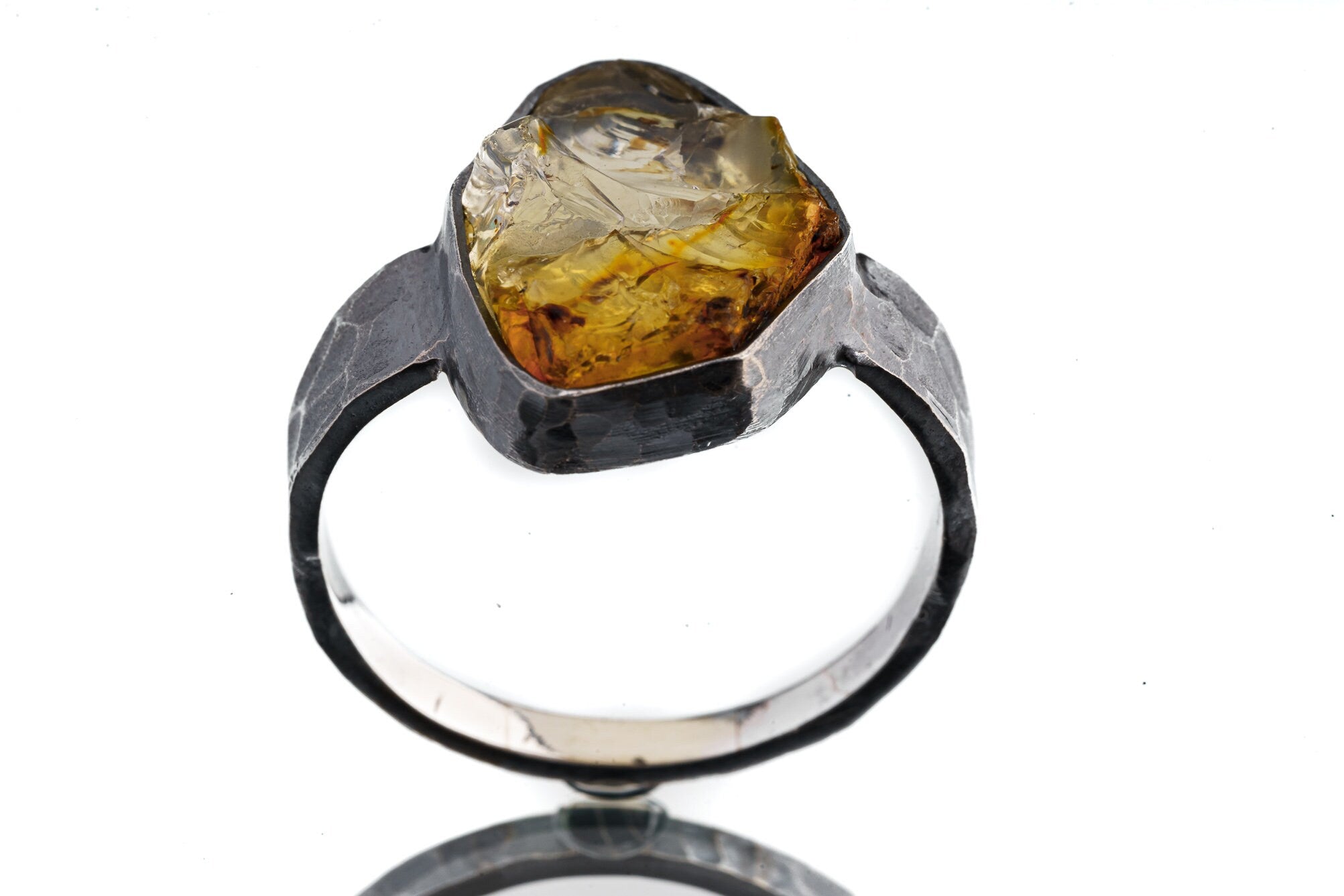 Raw Citrine Quartz Chunk - Men's/Unisex Large Crystal Ring - Size 14 US - 925 Sterling Silver - Hammer Textured & Oxidised