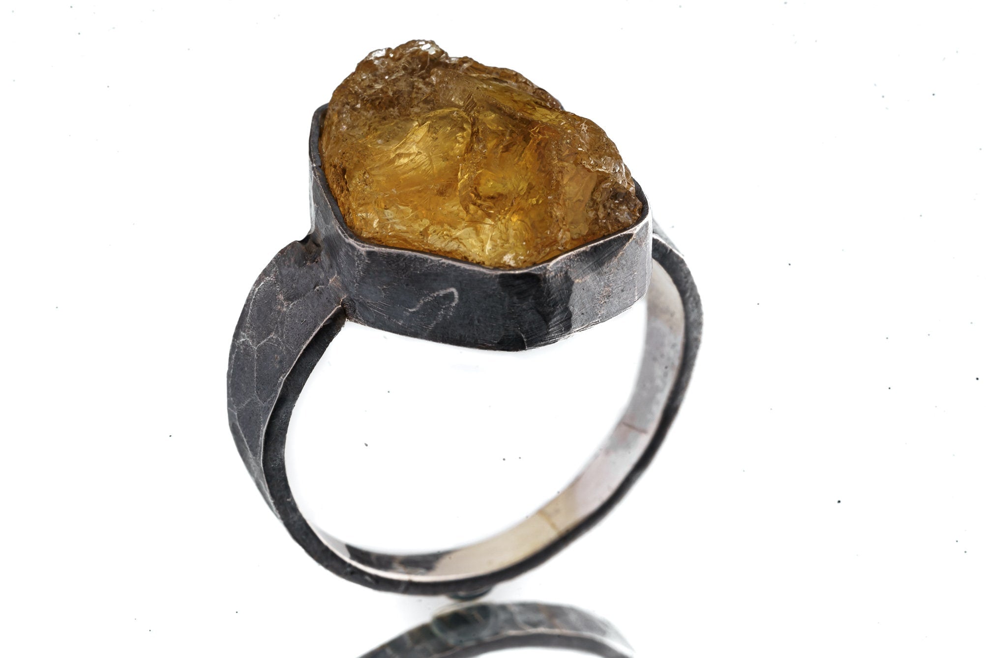 Raw Citrine Quartz Chunk Men Unisex Large Crystal Ring, Size 14 1/2 US, 925 Sterling Silver, Hammer Textured & Oxidised Yellow Crystal Jewel