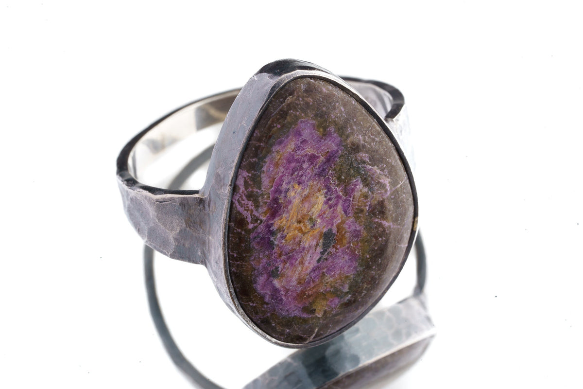 925 Sterling Silver Men's/Unisex Ring with Big Sugilite Cabochon, Size 14, Hammer Textured & Oxidised, Large Purple Crystal Jewelry