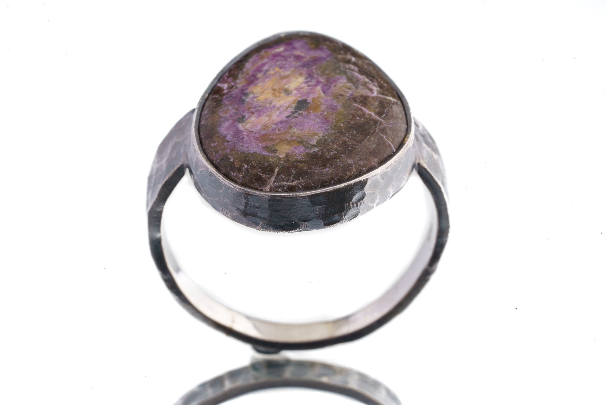 925 Sterling Silver Men's/Unisex Ring with Big Sugilite Cabochon, Size 14, Hammer Textured & Oxidised, Large Purple Crystal Jewelry