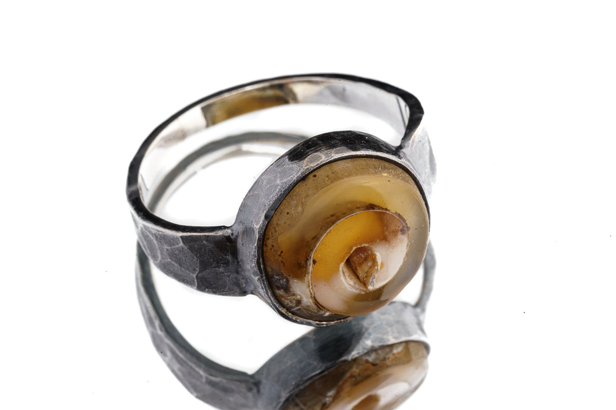 Round Fossil Shell Ring, Silicated Spiral, Unisex/Men's Large Crystal Ring Size 14, 925 Sterling Silver Ring, Hammer Textured & Oxidised