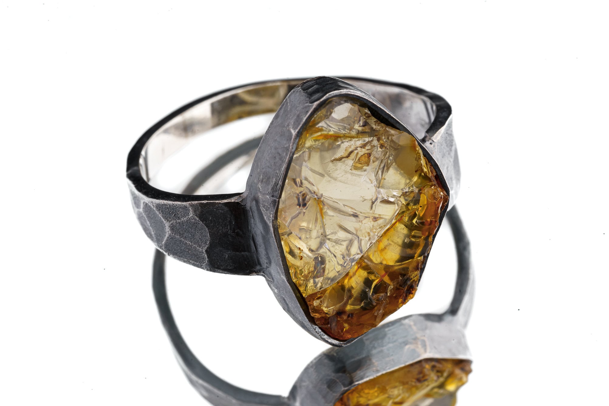 Raw Citrine Quartz Chunk - Men's/Unisex Large Crystal Ring - Size 14 US - 925 Sterling Silver - Hammer Textured & Oxidised