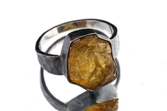 Raw Citrine Quartz Chunk Men Unisex Large Crystal Ring, Size 14 1/2 US, 925 Sterling Silver, Hammer Textured & Oxidised Yellow Crystal Jewel