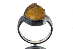 Raw Citrine Quartz Chunk Men Unisex Large Crystal Ring, Size 14 1/2 US, 925 Sterling Silver, Hammer Textured & Oxidised Yellow Crystal Jewel