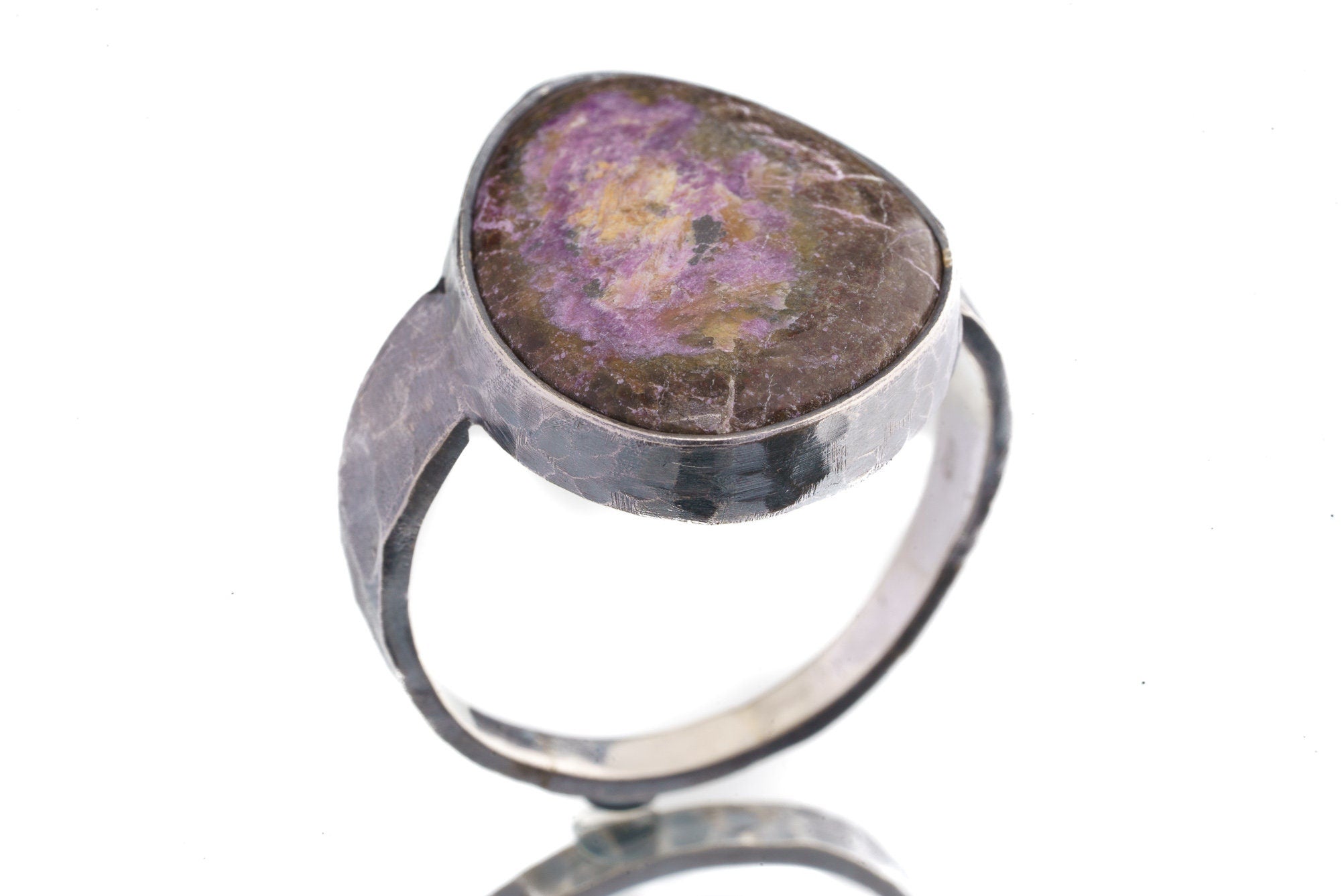 925 Sterling Silver Men's/Unisex Ring with Big Sugilite Cabochon, Size 14, Hammer Textured & Oxidised, Large Purple Crystal Jewelry