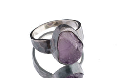 Raw clean Amethyst Chunk - Men's/Unisex Large Crystal Ring - Size 12.5 US - 925 Sterling Silver - Hammer Textured & Oxidised