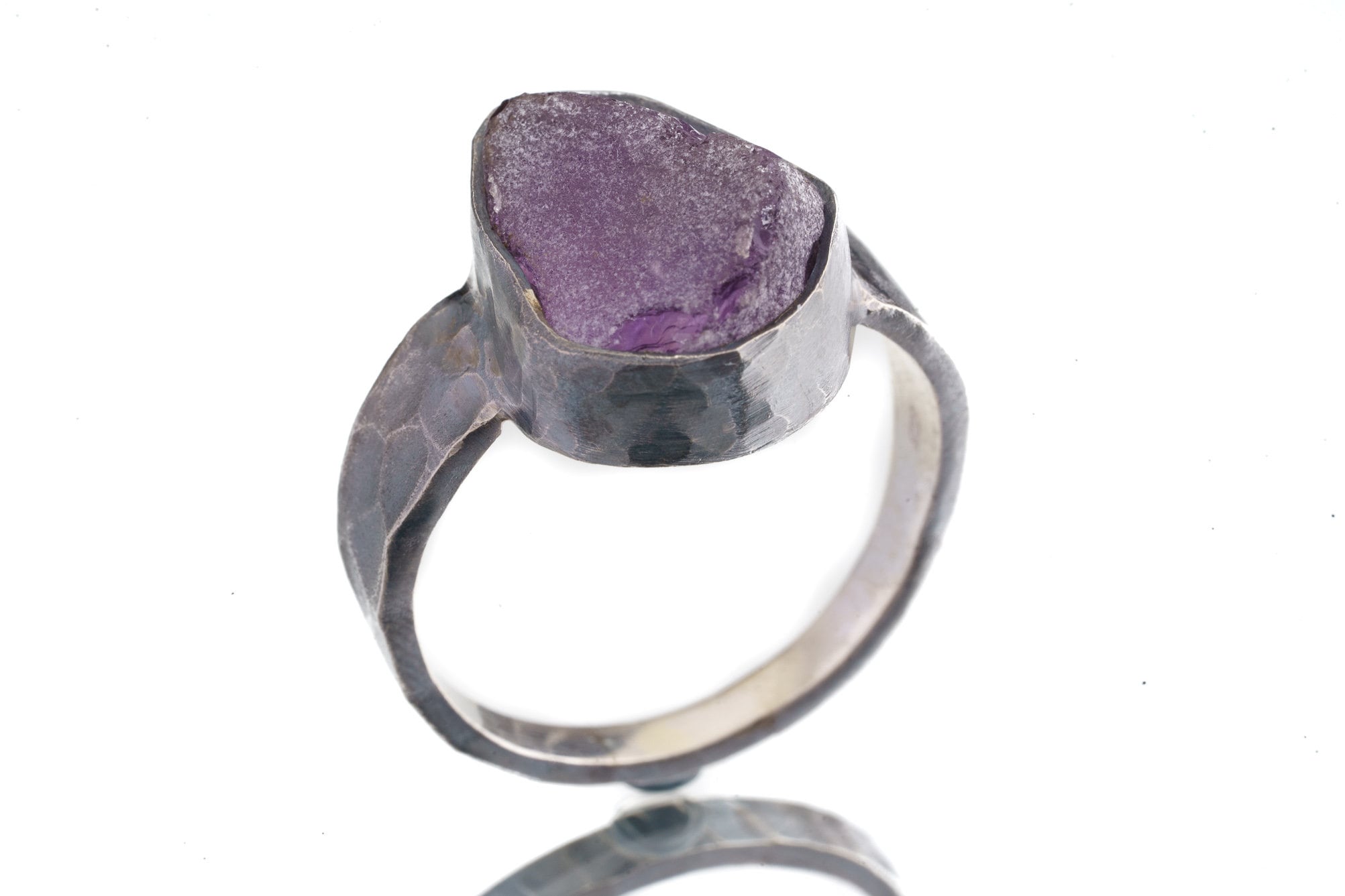 Raw clean Amethyst Chunk - Men's/Unisex Large Crystal Ring - Size 12.5 US - 925 Sterling Silver - Hammer Textured & Oxidised