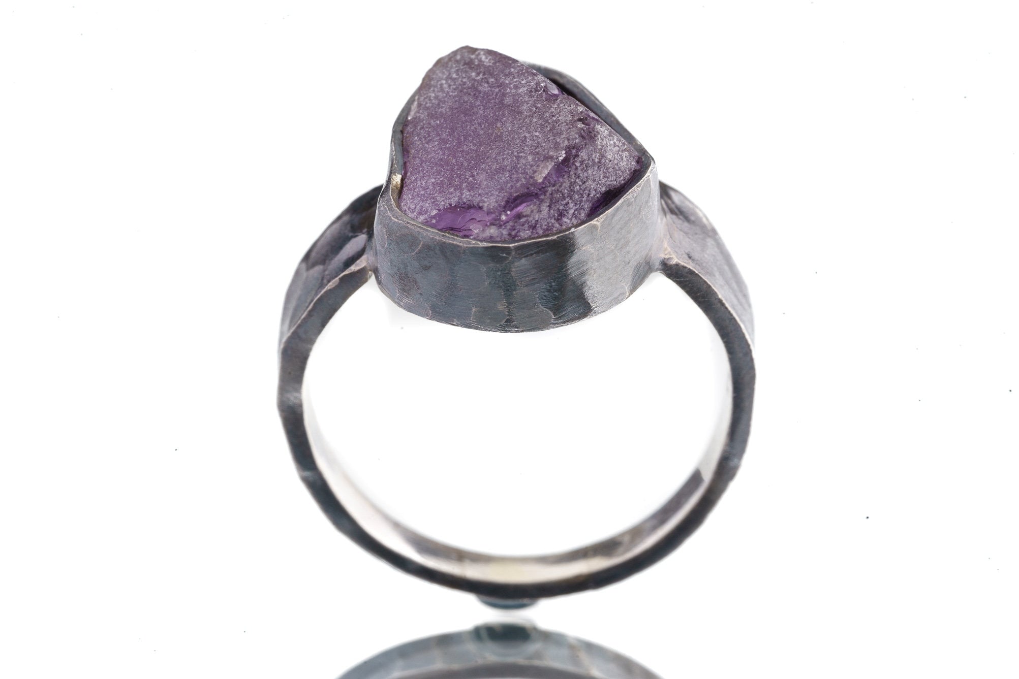 Raw clean Amethyst Chunk - Men's/Unisex Large Crystal Ring - Size 12.5 US - 925 Sterling Silver - Hammer Textured & Oxidised