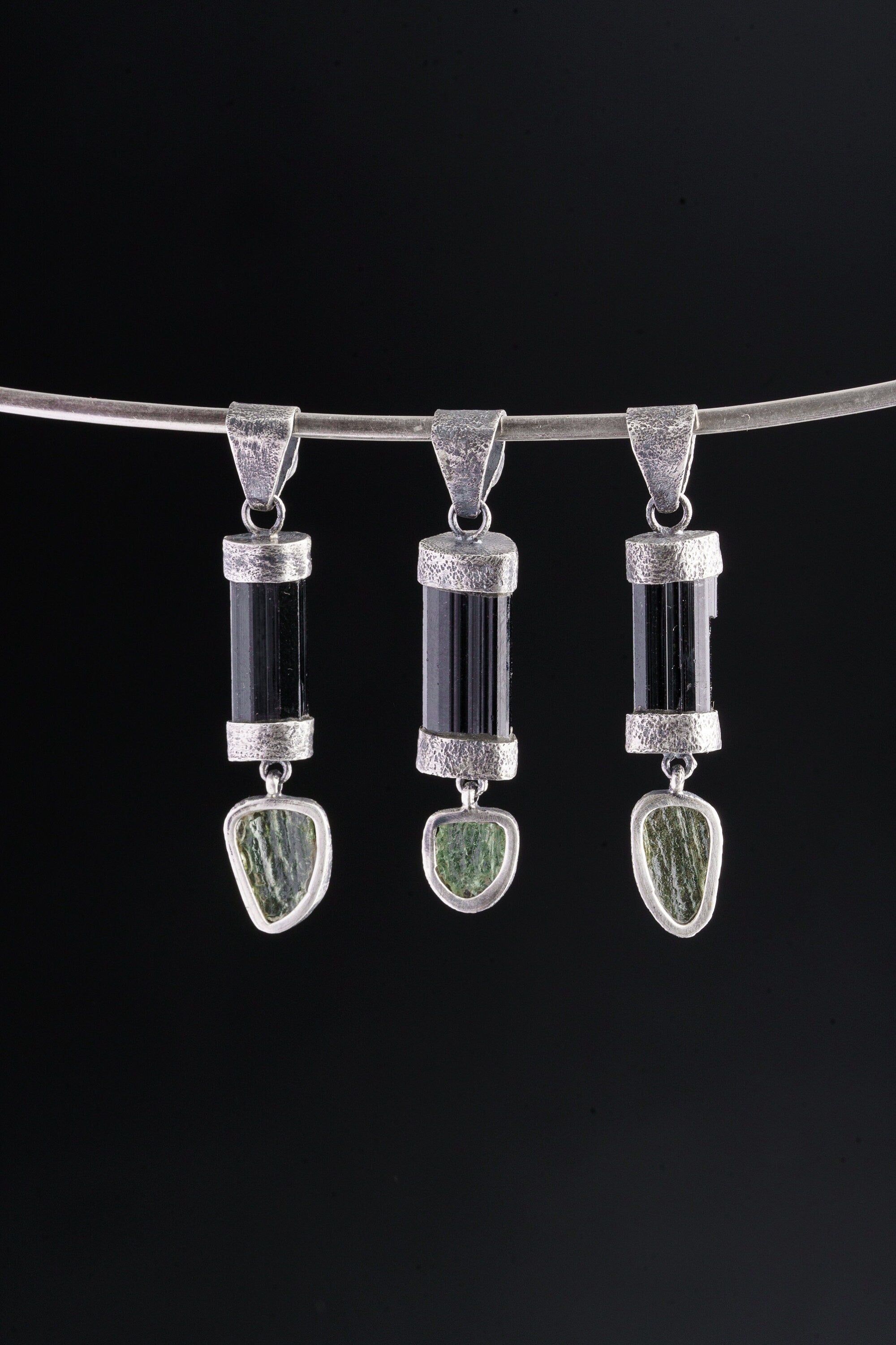 Moldavite, Black Tourmaline & Herkimer Diamond - POWER HOUSE - Sterling Silver - Oxidised and Textured - Crystal Pendant