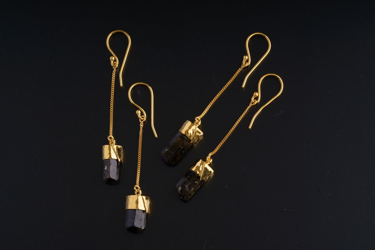 Raw Double Terminated Gem Grade Himalayan Dravite ( BROWN ) Tourmaline - Hammered Gold-Plated Sterling Silver - Dangle Earring Pair