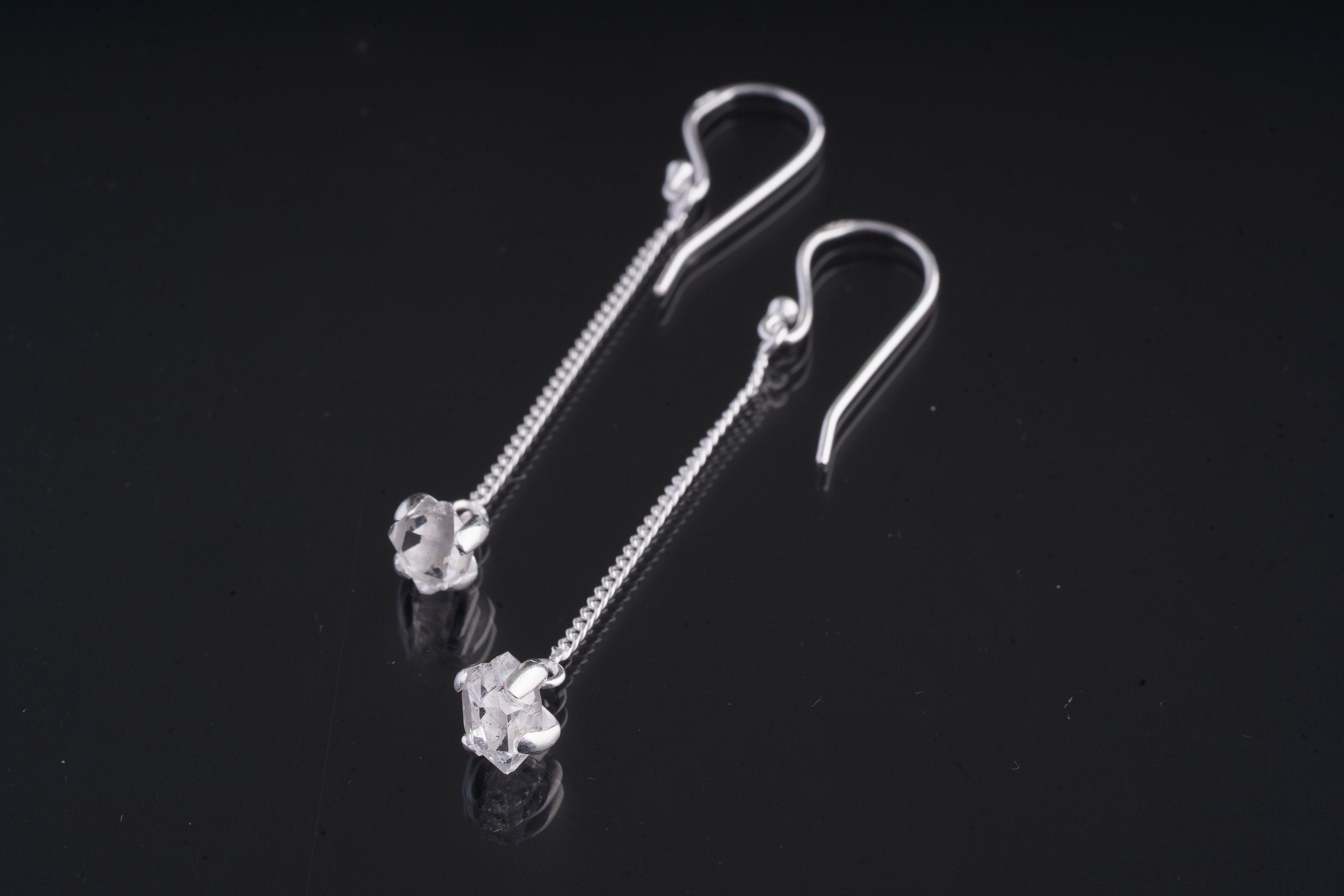 Perfectly Formed Double Terminated Herkimer Diamond Quartz Earrings, Sterling Silver, Claw/Prong Set, Dangle Hook Crystal Earring Pair