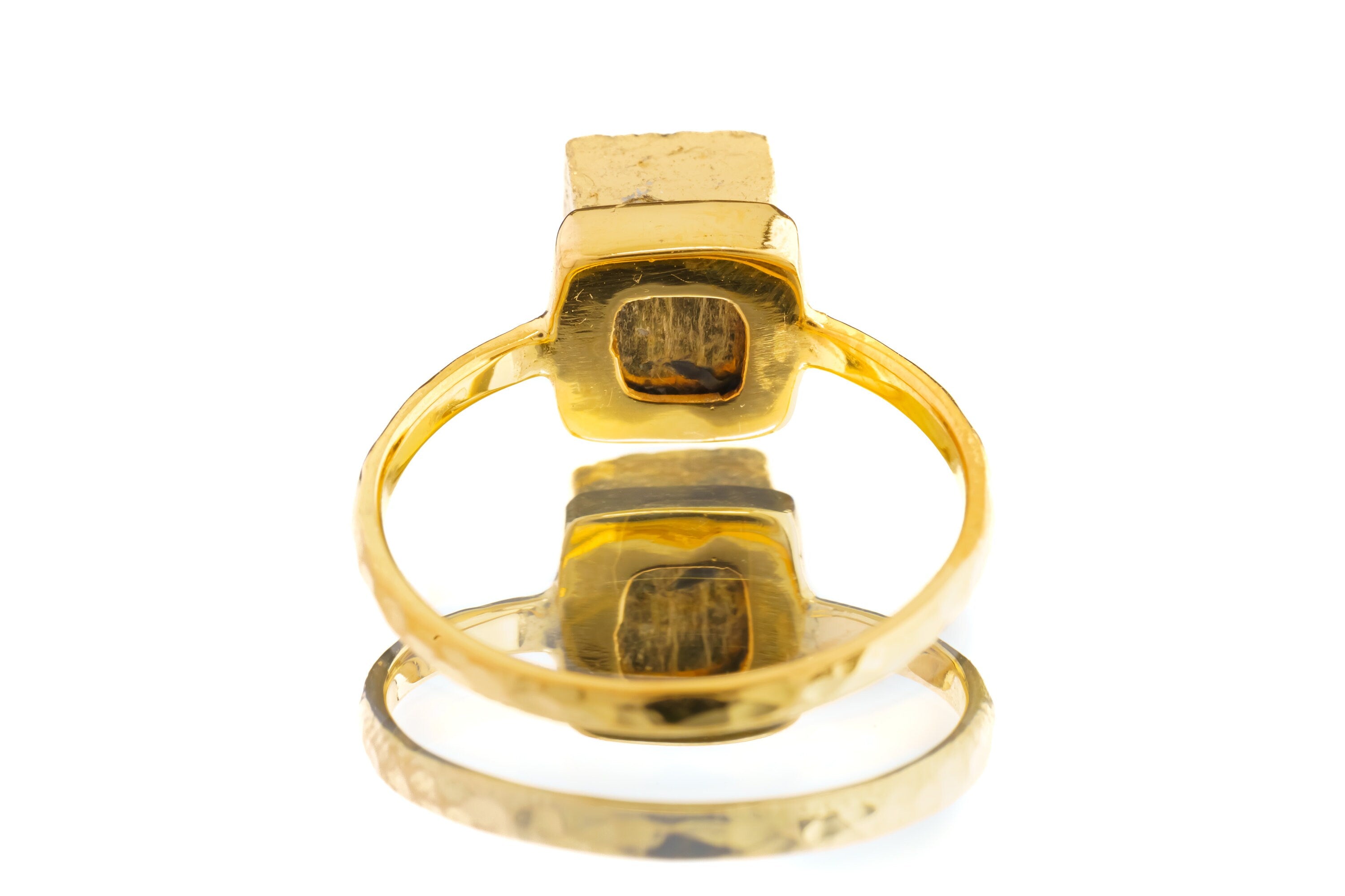 Gold Coated Australian Cubic Pyrite - Stack Crystal Ring - Size 6 1/4 US - Gold Plated 925 Sterling Silver - Thin Band Hammer Textured