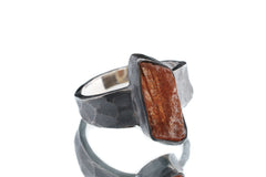 Raw Facet Grade Natural Sunstone - Men's/Unisex Large Crystal Ring - Size 7.5 US - 925 Sterling Silver - Hammer Textured & Oxidised