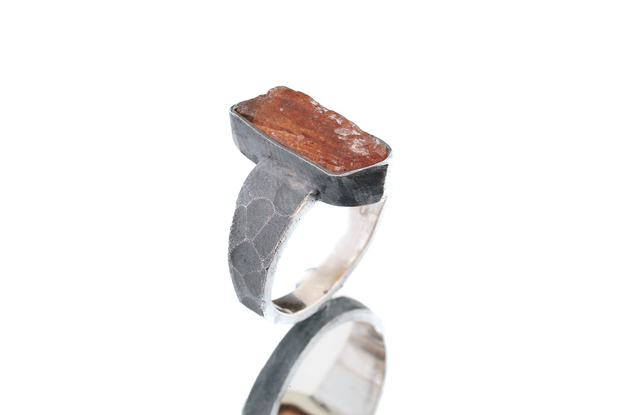 Raw Facet Grade Natural Sunstone - Men's/Unisex Large Crystal Ring - Size 7.5 US - 925 Sterling Silver - Hammer Textured & Oxidised