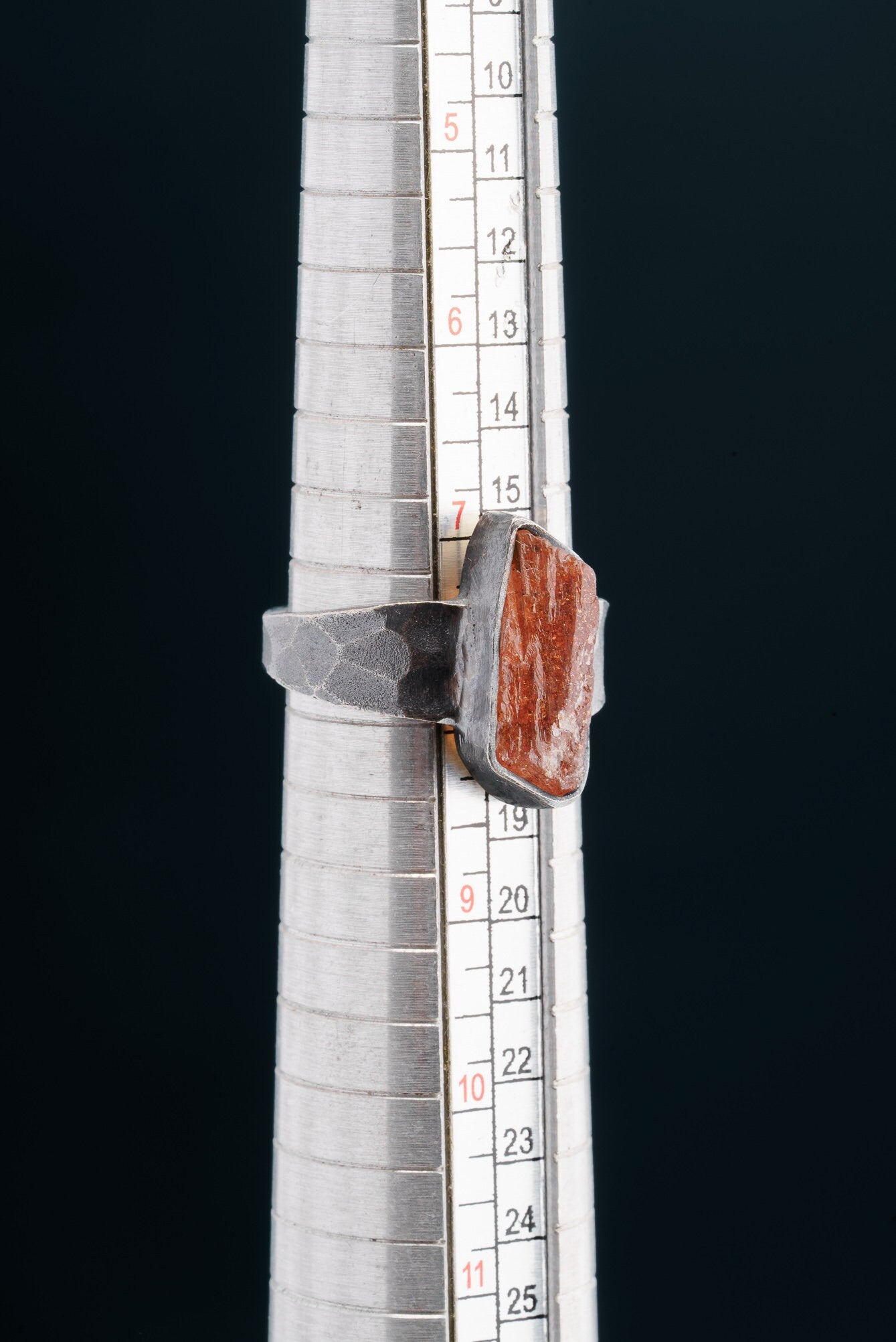 Raw Facet Grade Natural Sunstone - Men's/Unisex Large Crystal Ring - Size 7.5 US - 925 Sterling Silver - Hammer Textured & Oxidised