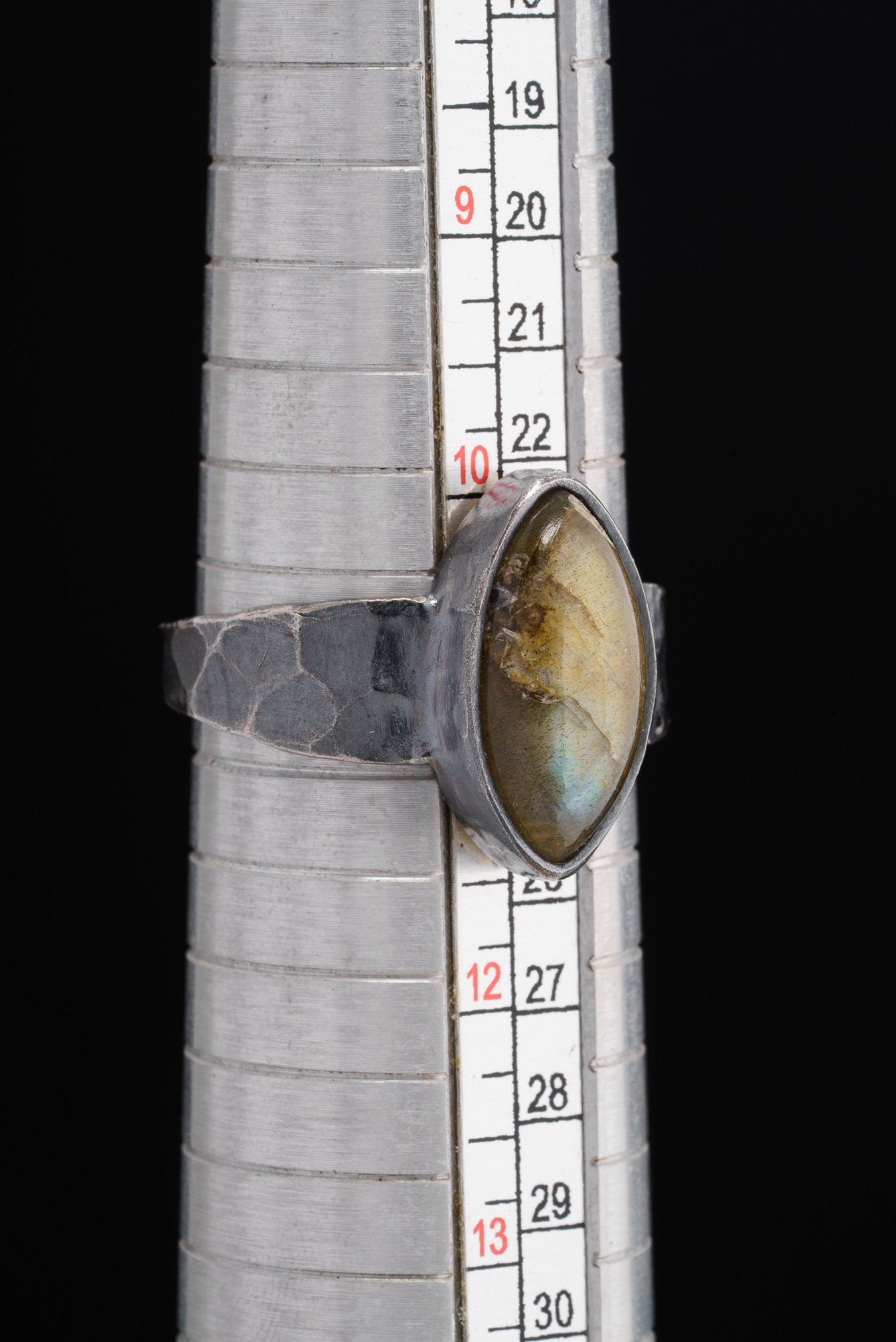 Cat Eye Labradorite - Unisex / Men - Large Crystal Ring - Size 10.5 US - 925 Sterling Silver - Hammer Textured & Oxidised