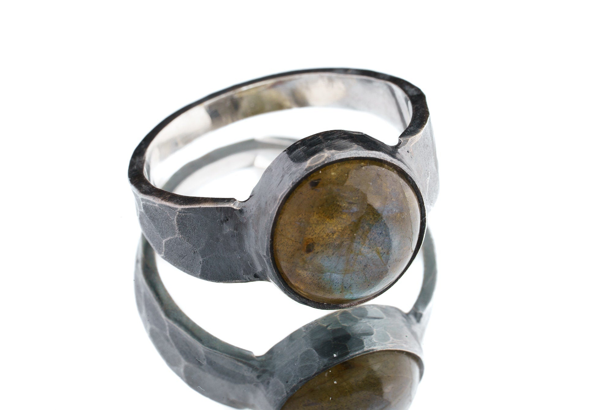 Round Labradorite Cabochon - Unisex / Men - Large Crystal Ring - Size 11 US - 925 Sterling Silver - Hammer Textured & Oxidised