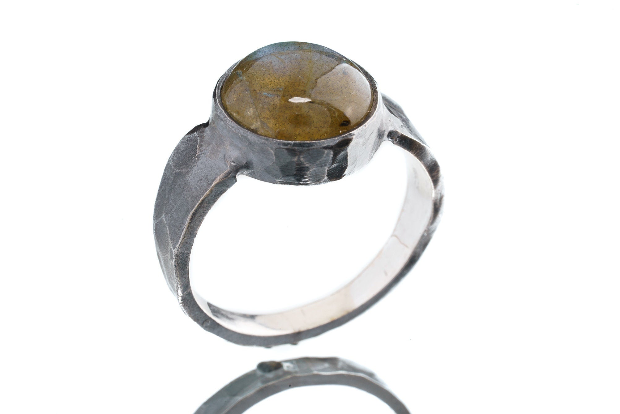 Round Labradorite Cabochon - Unisex / Men - Large Crystal Ring - Size 11 US - 925 Sterling Silver - Hammer Textured & Oxidised