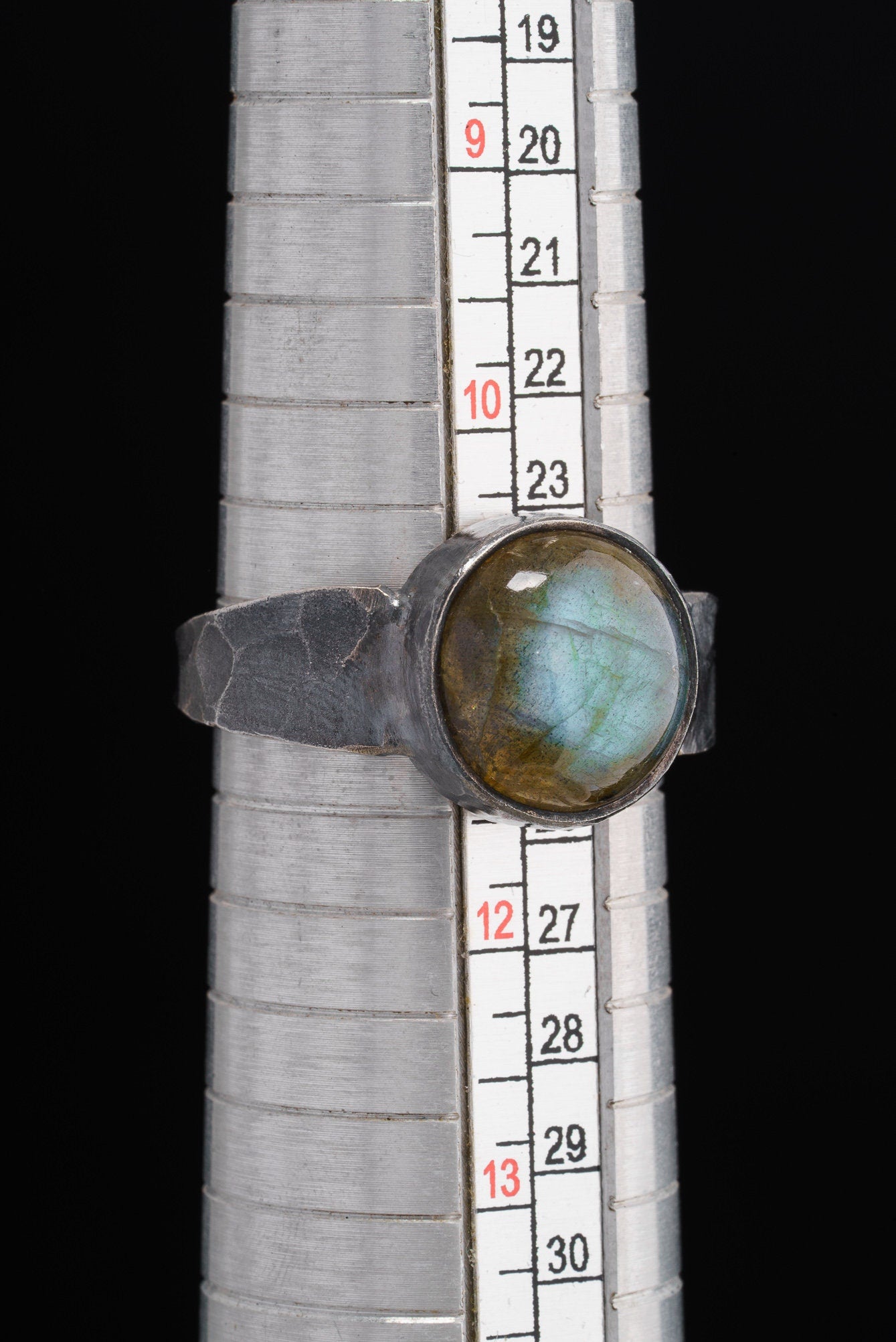 Round Labradorite Cabochon - Unisex / Men - Large Crystal Ring - Size 11 US - 925 Sterling Silver - Hammer Textured & Oxidised