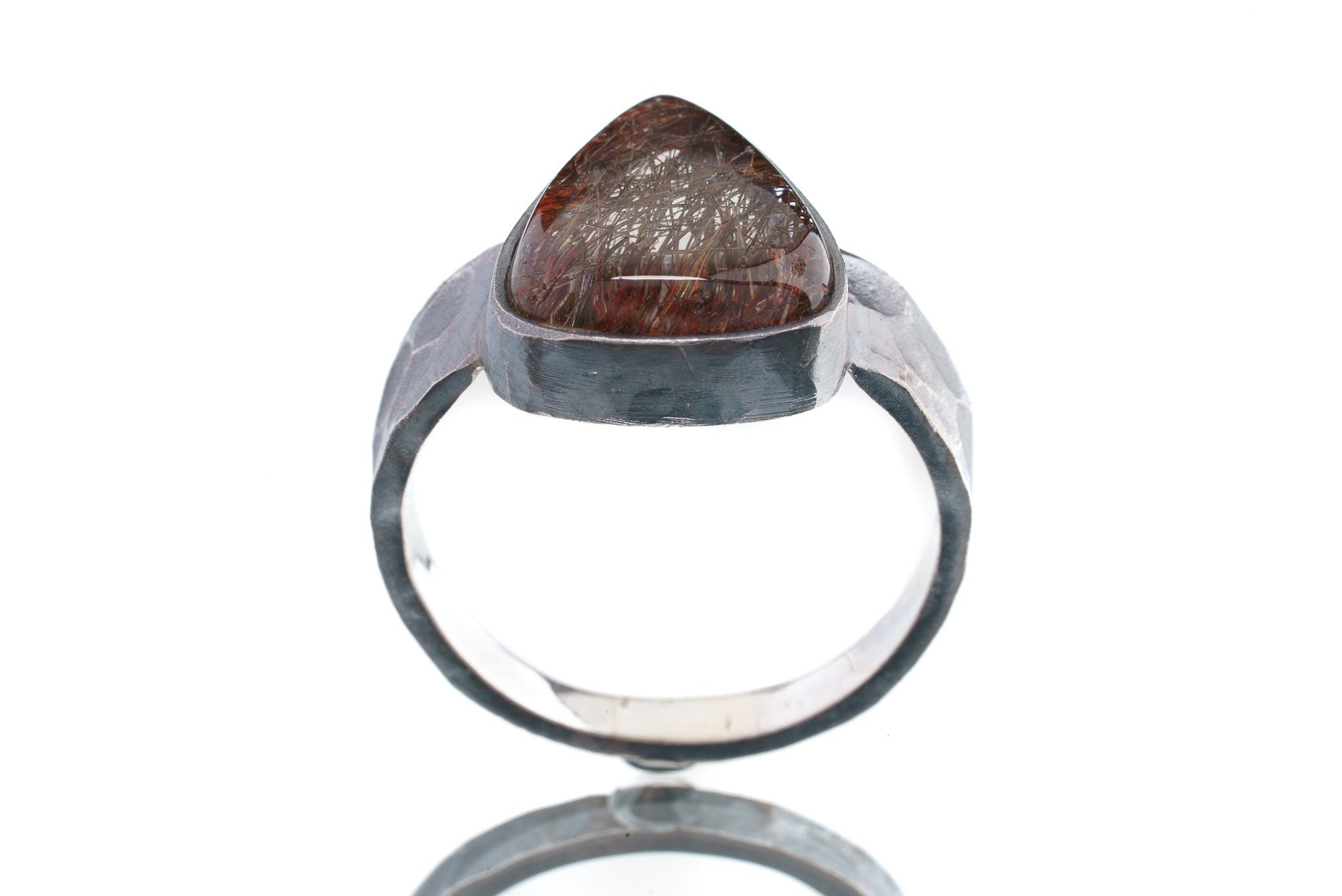 Men's / Unisex Large Crystal Ring - Rare Copper Rutile Quartz Cabochon - Size 11 1/2 US - 925 Sterling Silver - Hammer Textured & Oxidised