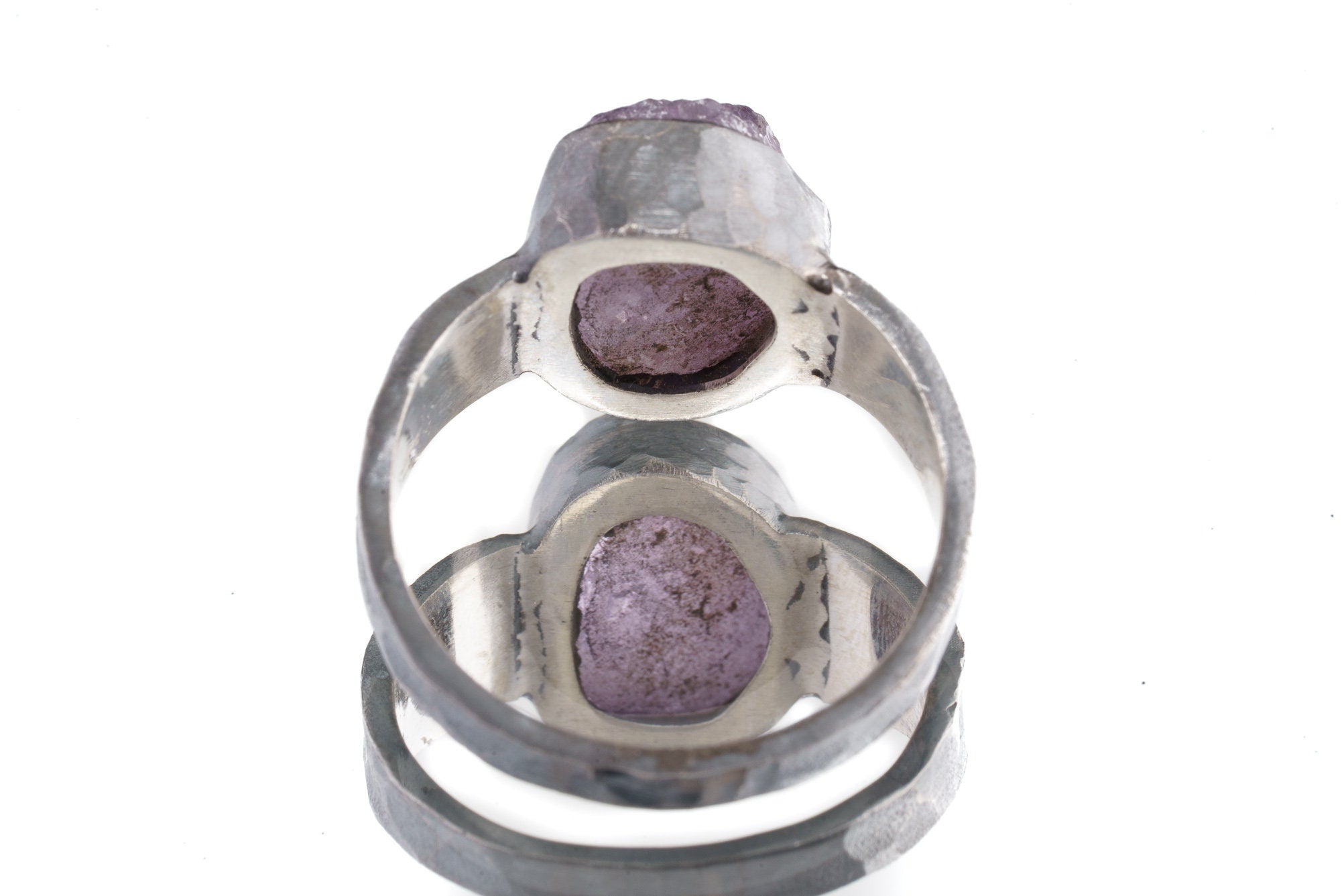 Raw Clean Amethyst Chunk - Men's/Unisex Large Crystal Ring - Size 12 US - 925 Sterling Silver - Hammer Textured & Oxidised