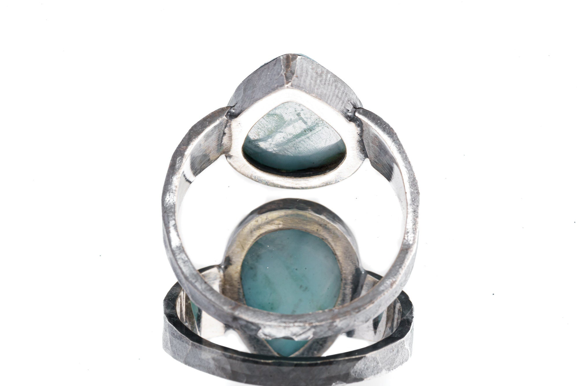 Tear Drop Larimar Cabochon - Men's/Unisex Large Crystal Ring - Size 13 US - 925 Sterling Silver - Hammer Textured & Oxidised