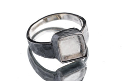 Optical Selenite - Unisex / Men - Large Crystal Ring - Size 13 US - 925 Sterling Silver - Hammer Textured & Oxidised