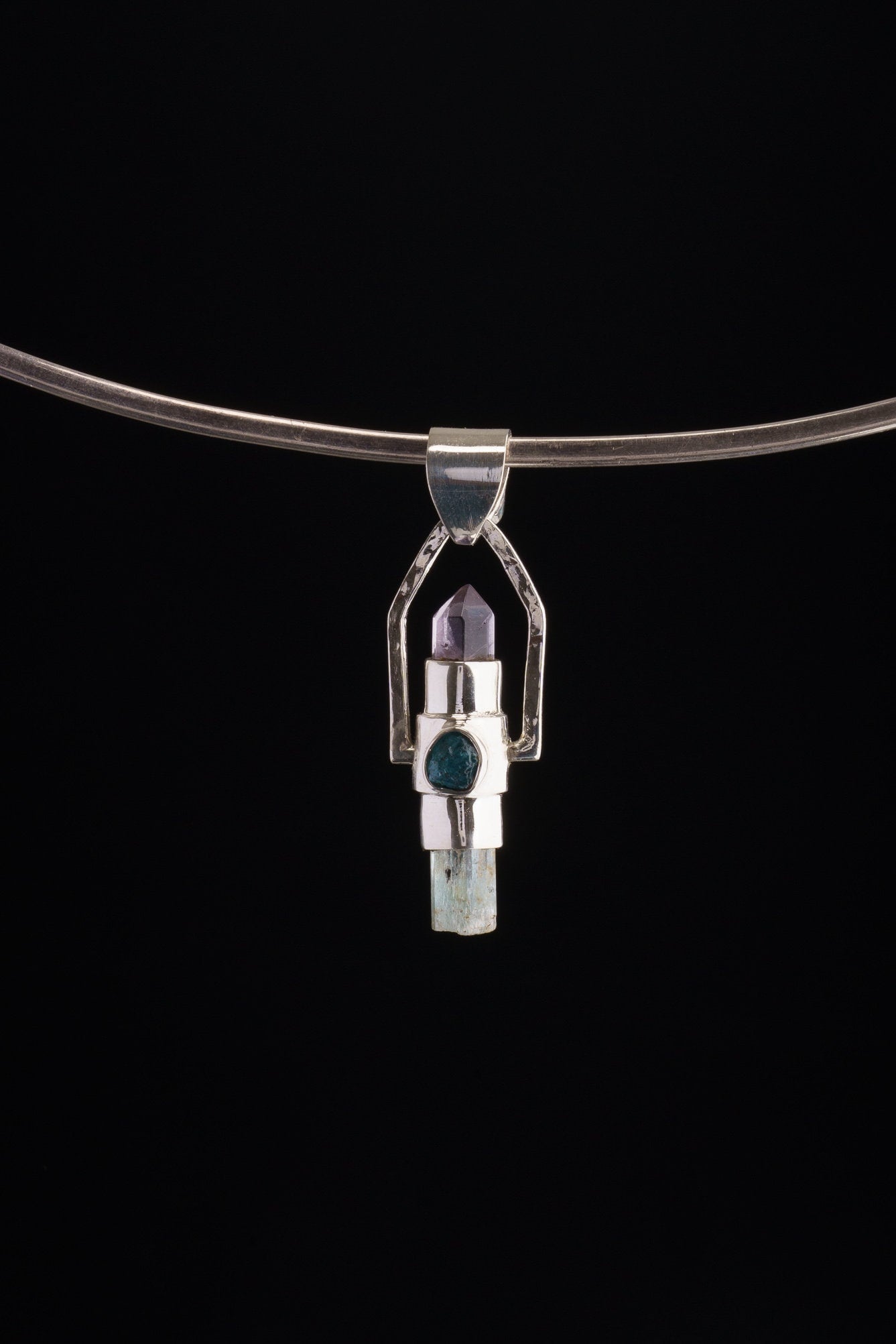 Raw Aquamarine & Generator Amethyst Point with a Herkimer Diamond, Labradorite and Apatite - Sterling Silver Set - Spinning Crystal Pendant