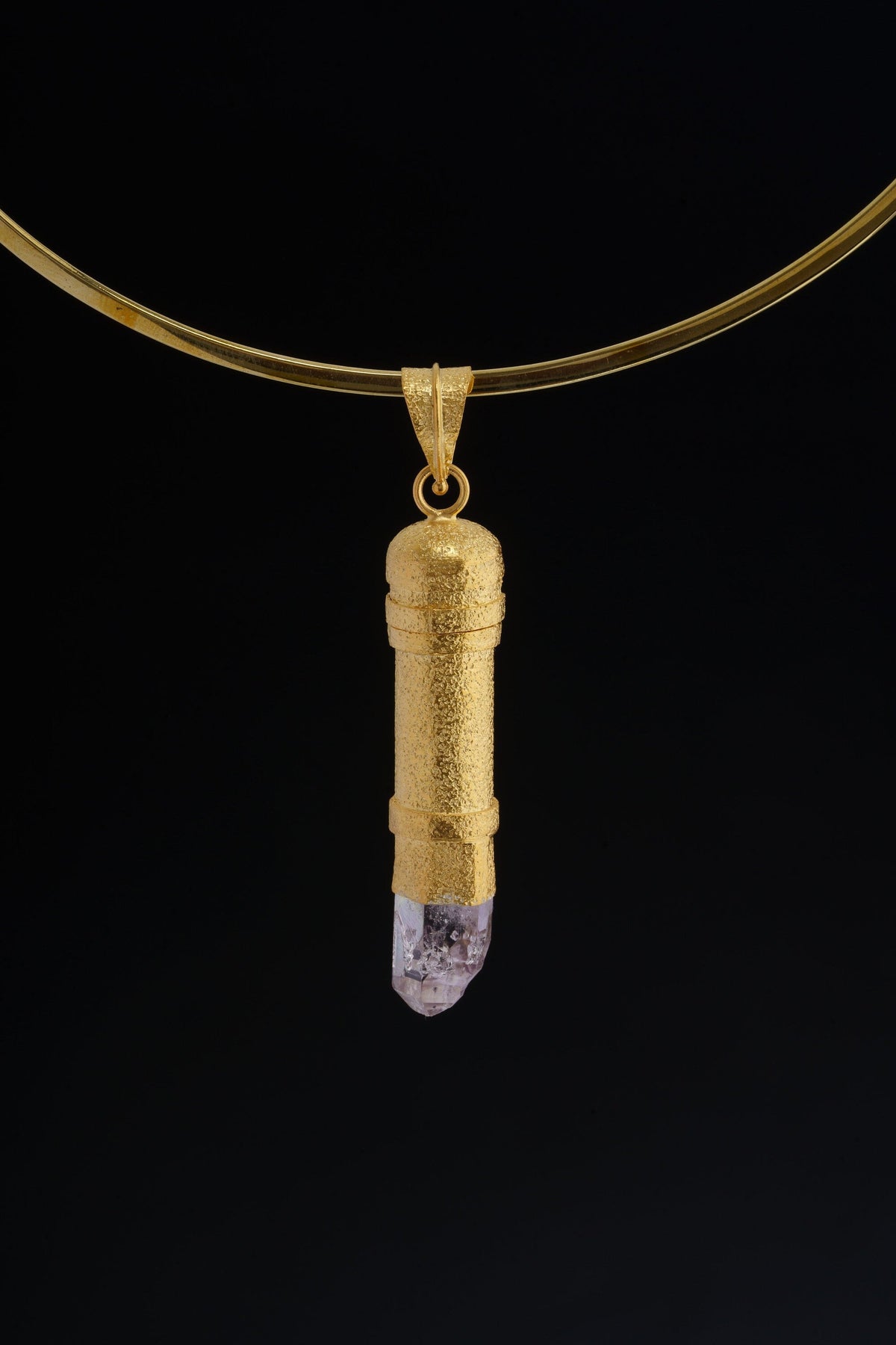 Enhydro Vera Cruz Amethyst Quartz - Sizable Solid Capsule Locket - Stash Urn - Textured & Gold Plated Sterling Silver Pendant - No 14