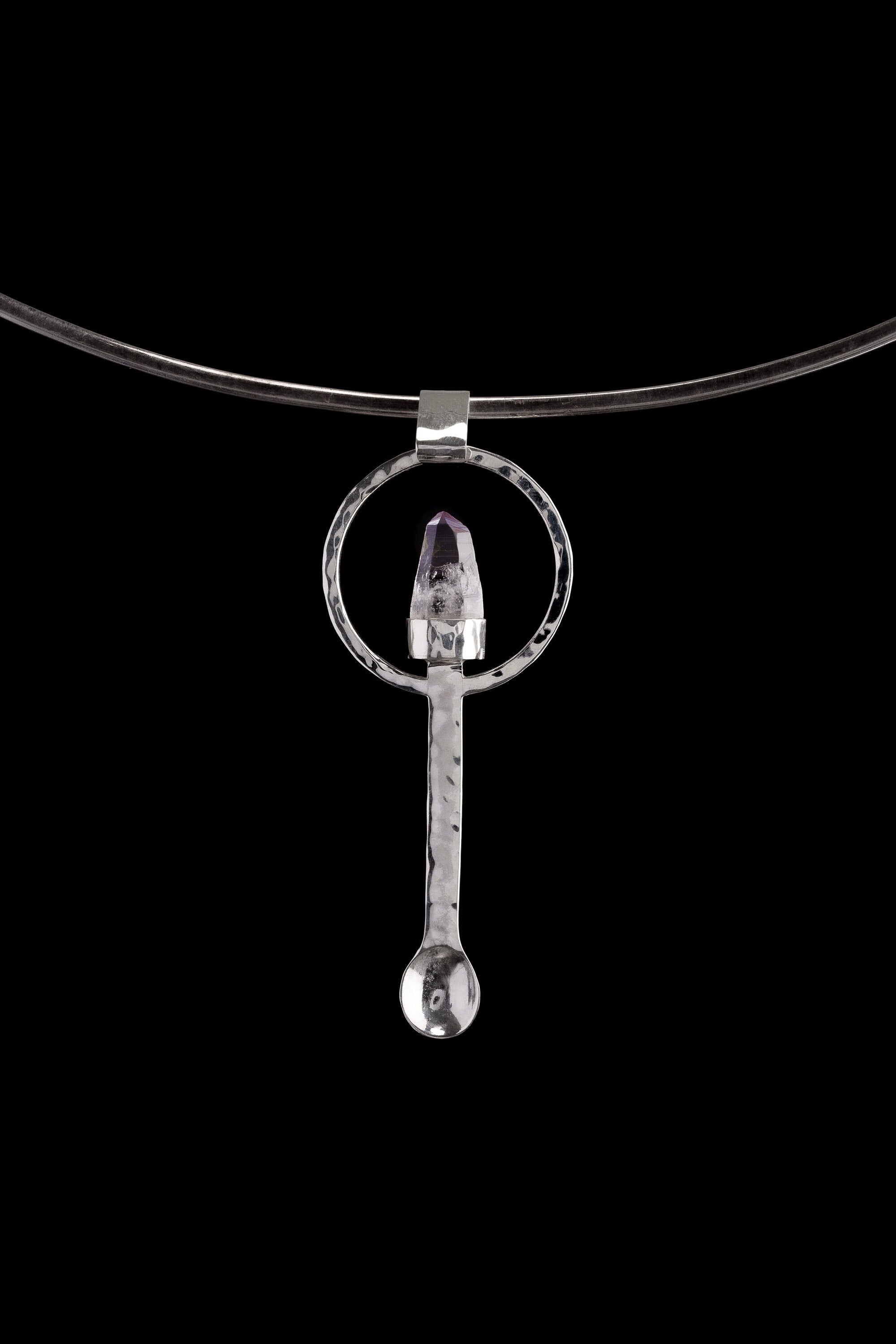 Spice / Ceremonial Spoon - Vera Cruz Amethyst Quartz Point - 925 Cast Silver - Unique Hammer Textured - Crystal Pendant Necklace -